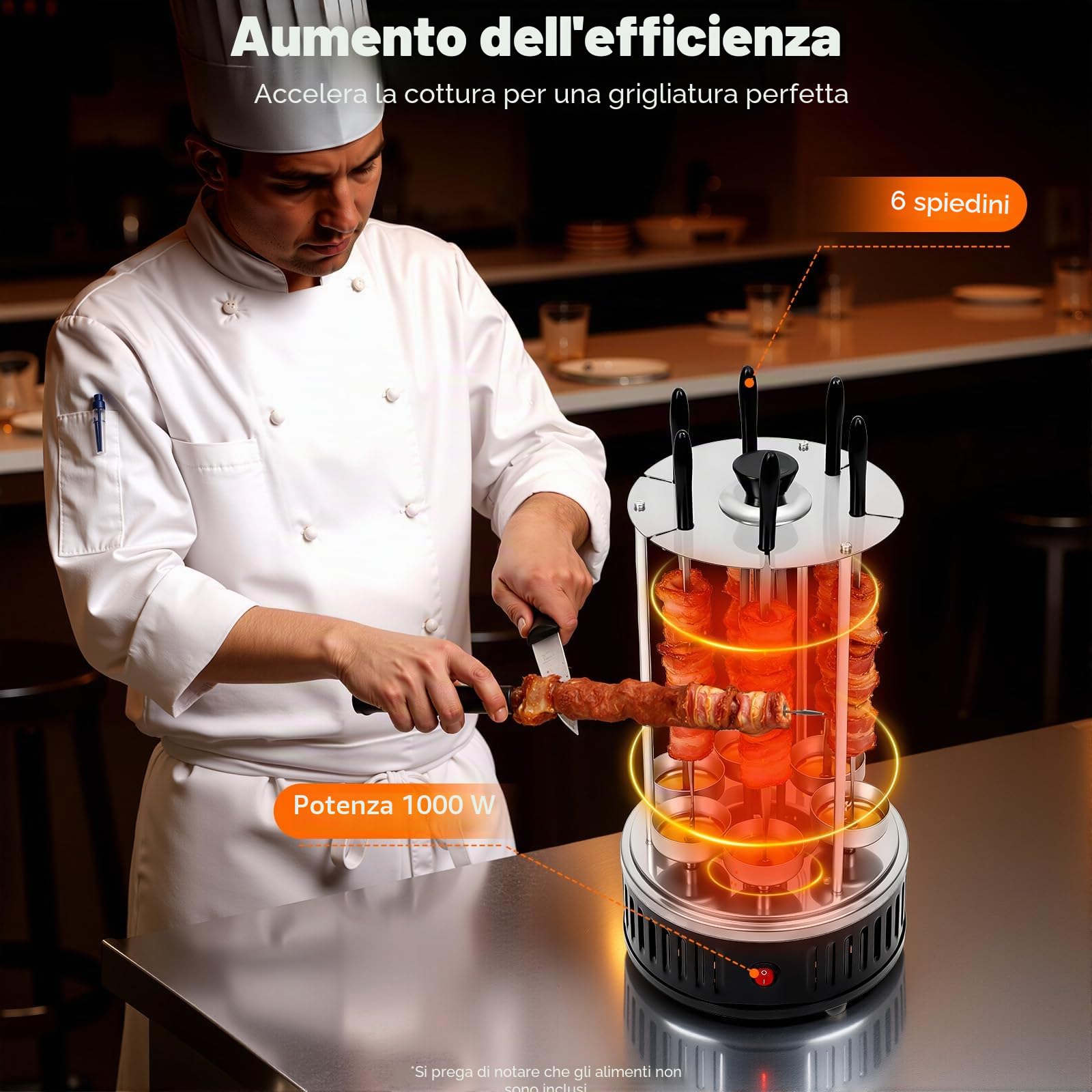 Barbecue per kebab elettrico verticale da 1000 W con 6 spiedini da girarrosto in acciaio inox senza fumo Barbecue per pollo allo spiedo 500 °C Barbecue da tavolo Barbecue verticale per la casa e il