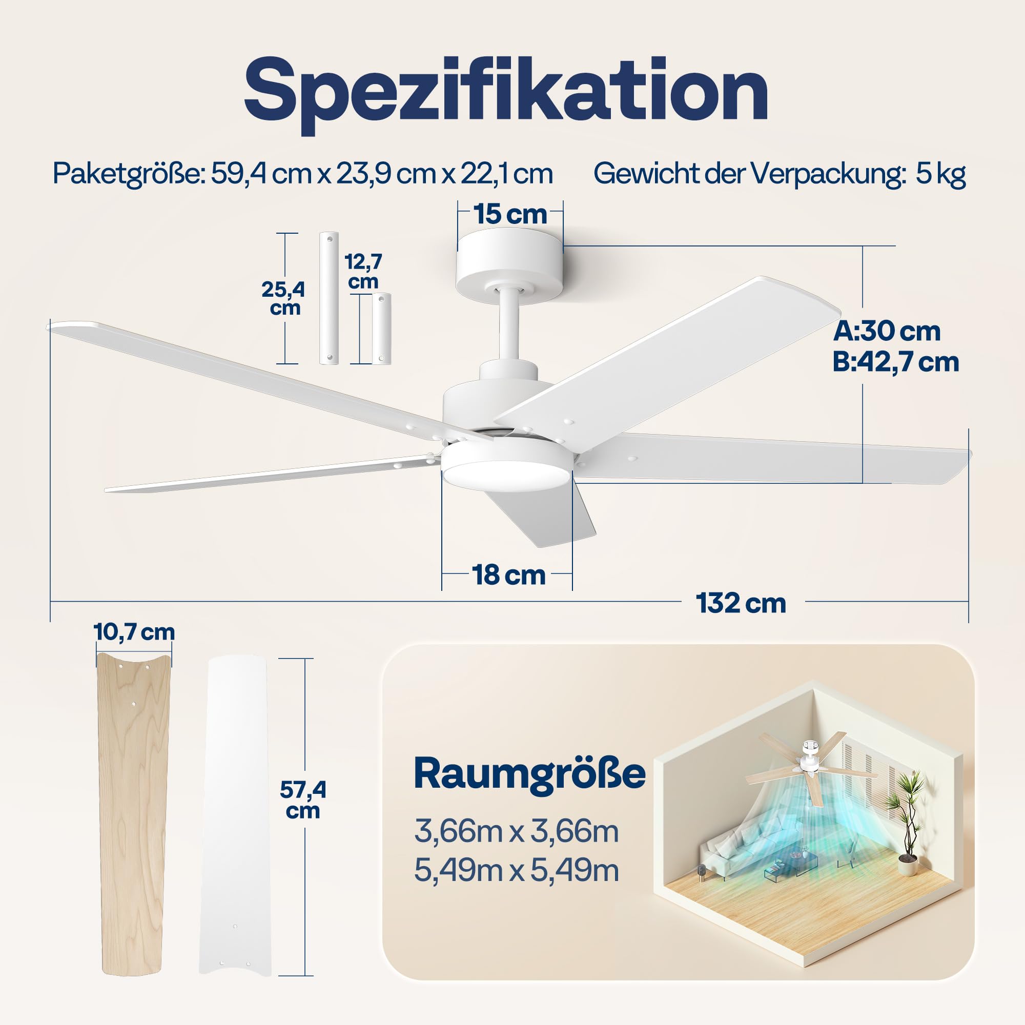 VIVOHOME Deckenventilator mit Lampe und Fernbedienung 52 Zoll Leise Dimmbar Timer Reversibel Modern
