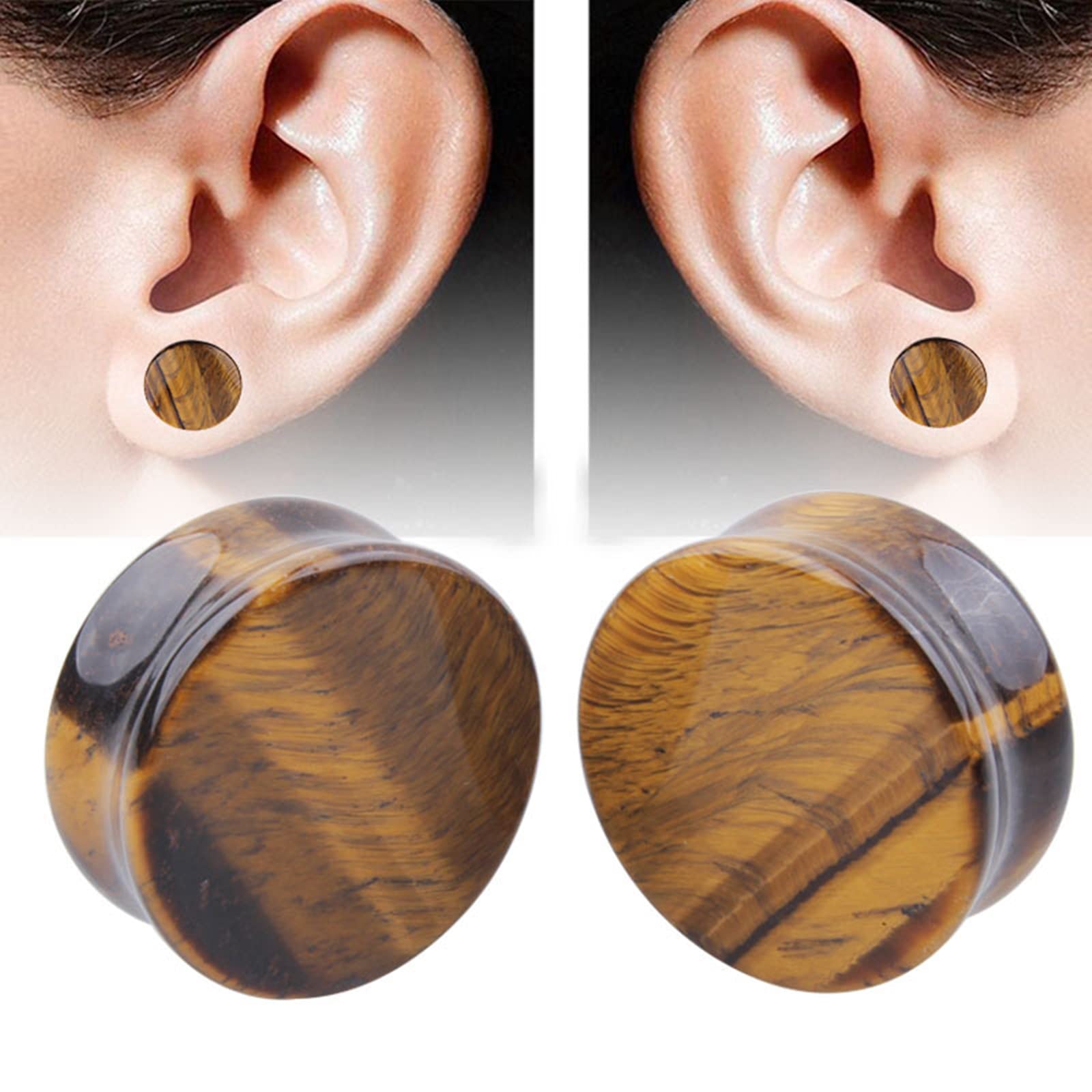 4 Stück Steinmessgeräte und Plugs, Tunnel-Plug-Ohrringe für Damen, mehrere Größen, Piercing-Ohrringe für Männer, doppelt ausgestellter brauner Stein