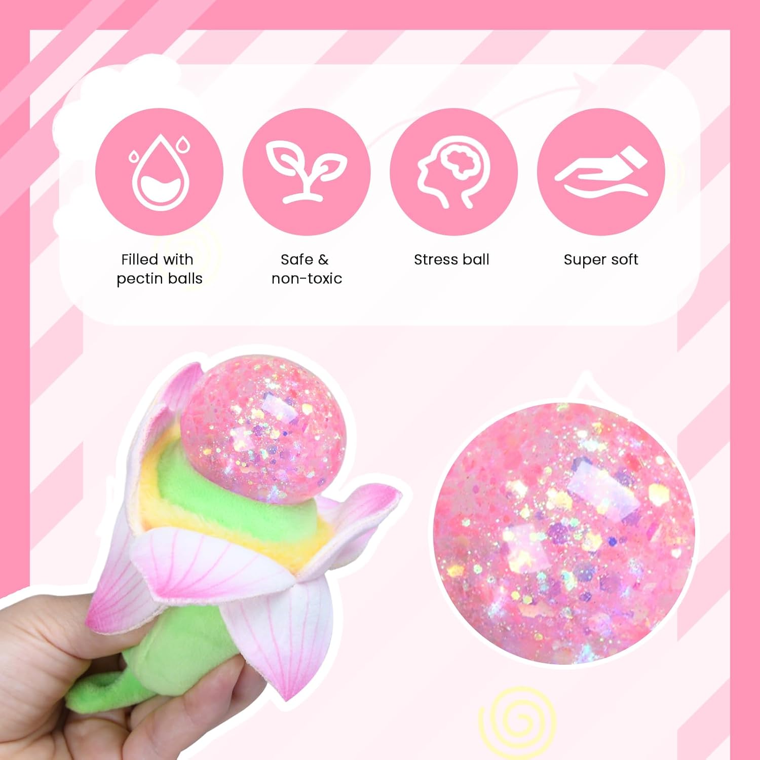 Stress Buster Stress Reliever for Adult Plushie Pinch Decompression Vent Ball Soft Beads -Squeeze Squishy Ball with Plushie Cover (Flower)