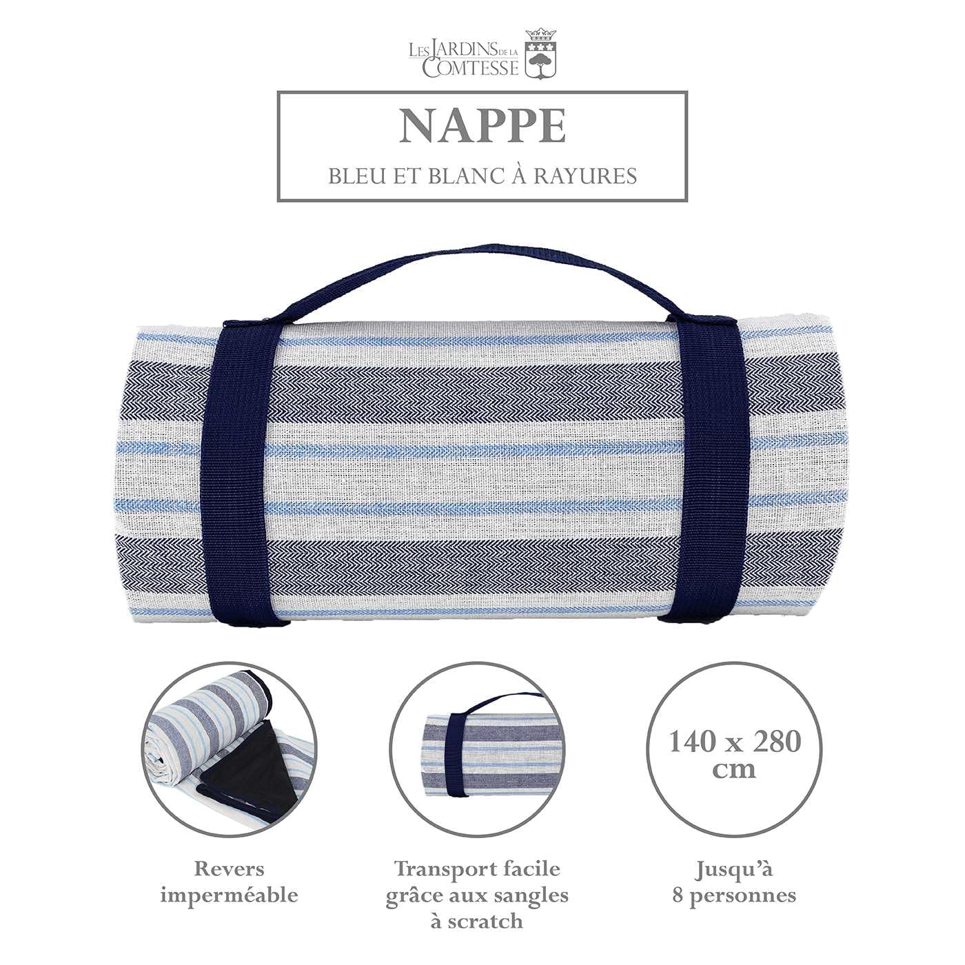 Les Jardins de la Comtesse - Tovaglia da picnic rettangolare XL a righe bianche e blu - Copertura impermeabile in cotone e poliestere - 280 x 140 cm - Anche per tavolo da giardino - 8/12 persone