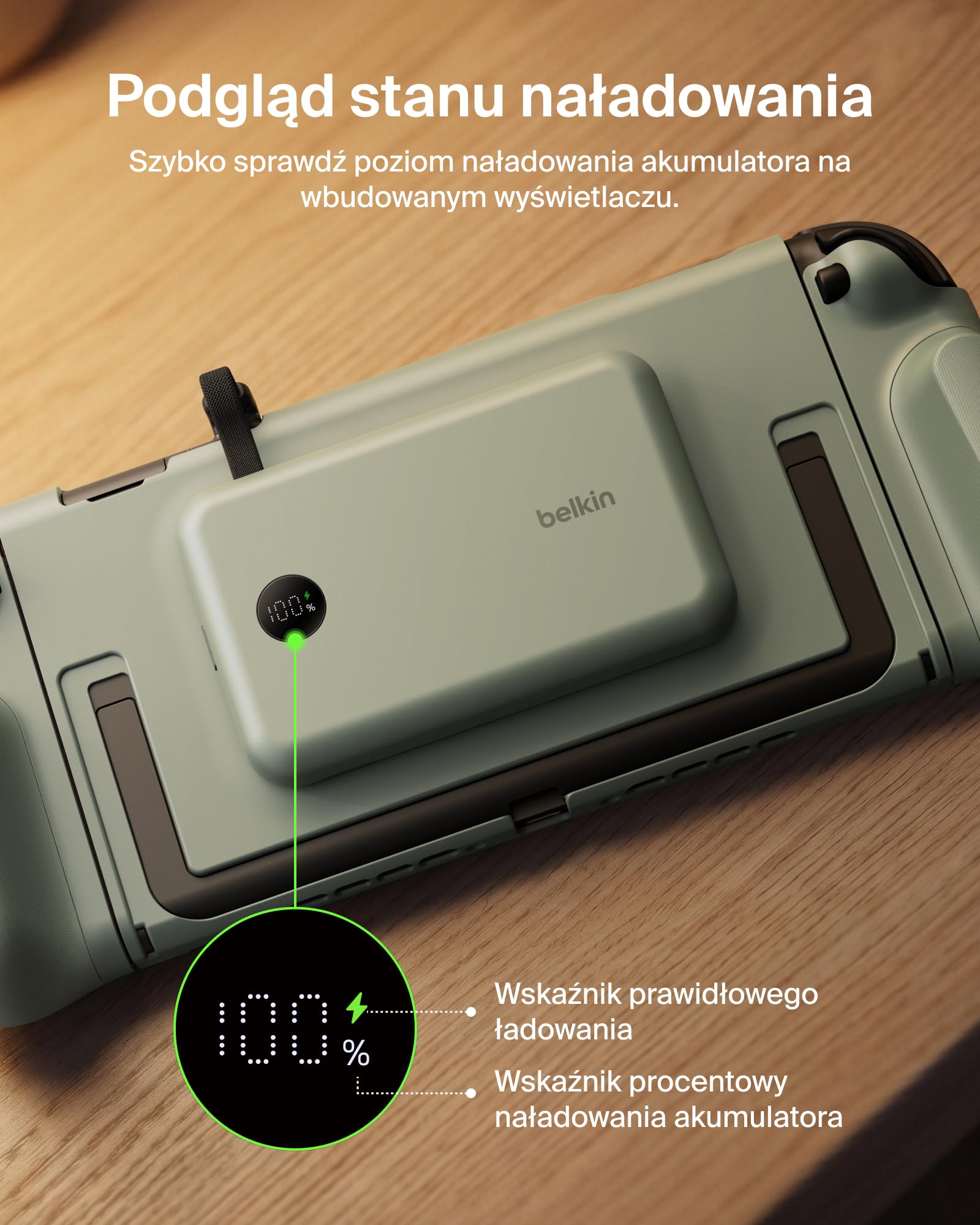 Belkin Gaming Uchwyt Ładujący do Nintendo Switch 2, 10 000 mAh – Zielony | Odłączany Powerbank Magnetyczny 10 000 mAh, 30 W, Zgodny z Podpórką, Ergonomiczny Uchwyt Antypoślizgowy, Wyświetlacz