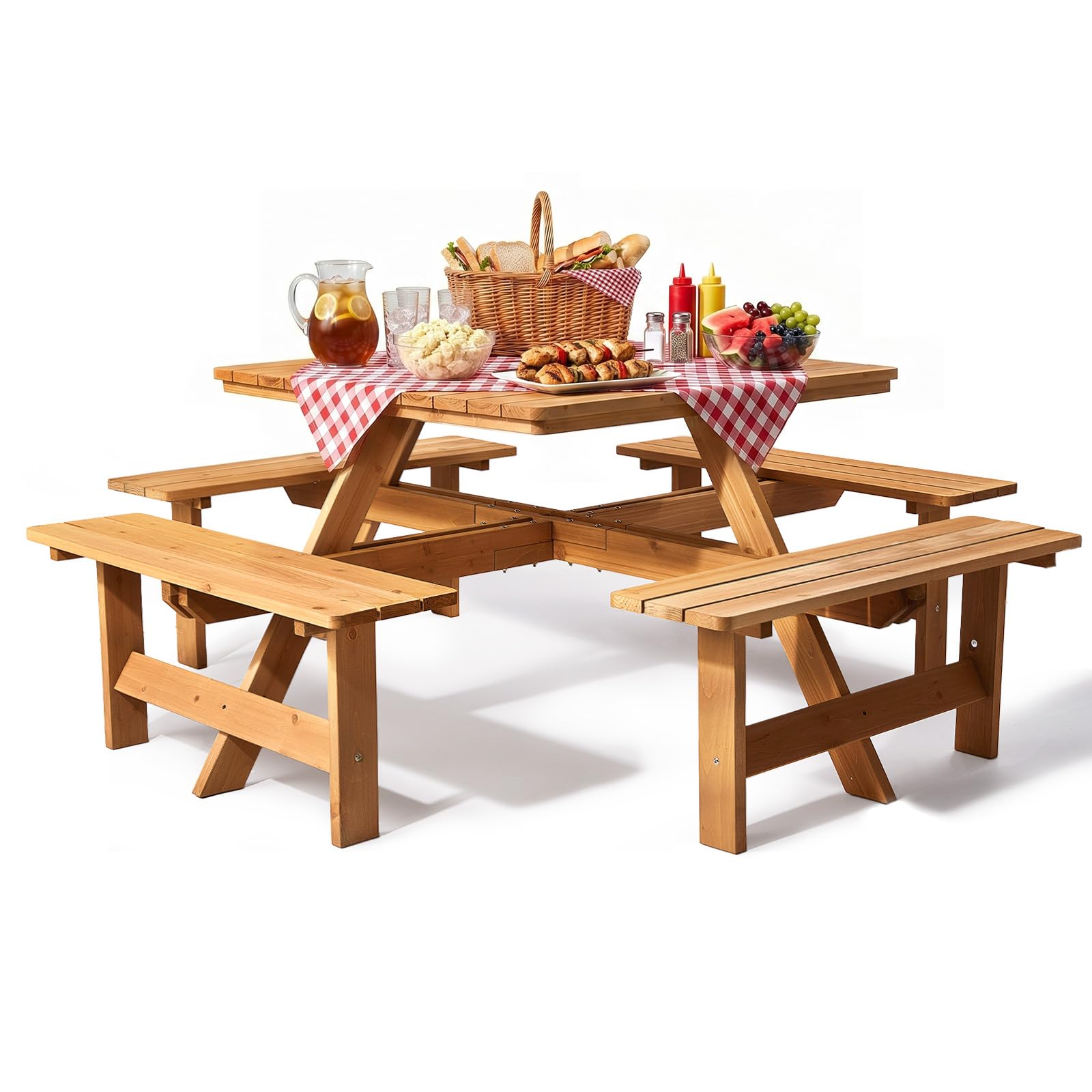 VINGLI 8 Seater Wooden Picnic Bench Table, Square, Golden Brown
