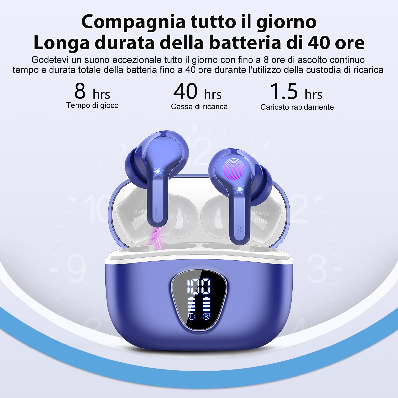 Cuffie Bluetooth, Auricolari Bluetooth 5.3 Stereo HiFi con 4 HD Mic, Cuffie Wireless In Ear ENC Cancellazione Rumore, 40 Ore LED Display Touch Control, Cuffiette Bluetooth IP7 Impermeabili, Blu scuro
