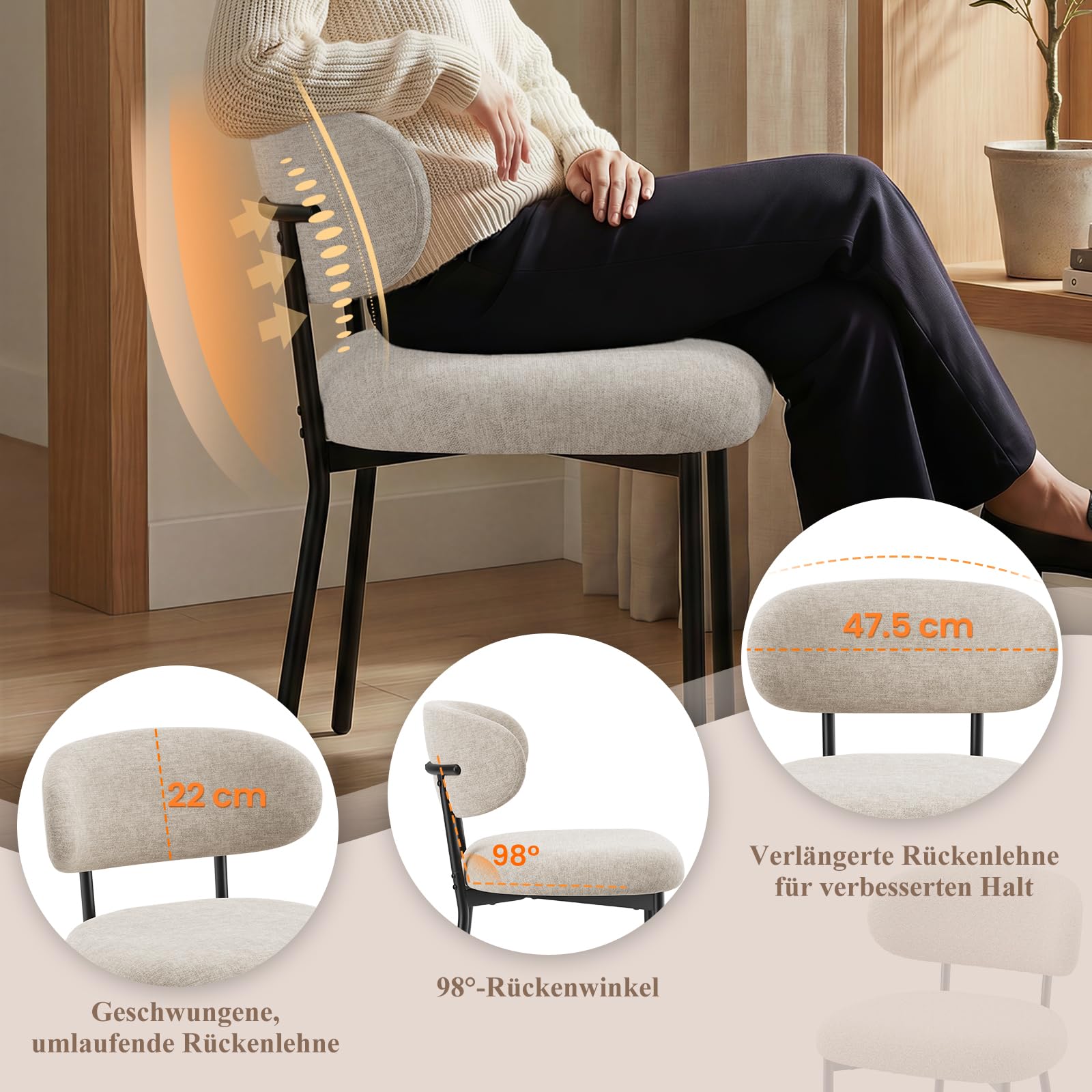 MALOL Gepolsterte Esszimmerstühle 4er Set – Moderner Stoff, Gebogene Rückenlehne, gepolsterter Sitz, stabile Metallbeine – Design-Stühle für Küche, Esszimmer, Wohnzimmer – Kamel
