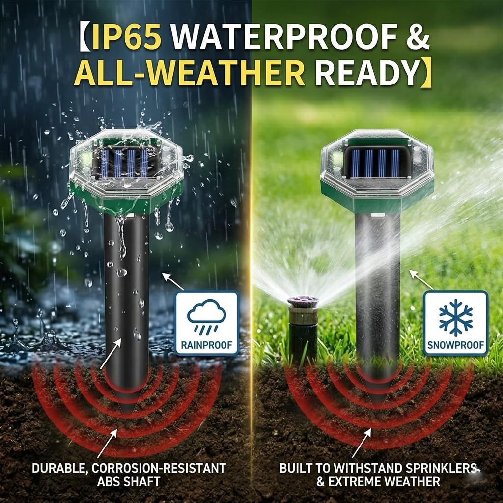 Maulwurfabwehr, solarbetrieben, Sonic Gopher Abwehrpfähle für Rasen, IP65 wasserdicht, Ultraschall, Maulwurfschreck für Rasen, Sonic Wühlmaus, Schlange, Gürteltier, Streifenhörnchen-Abschreckung für
