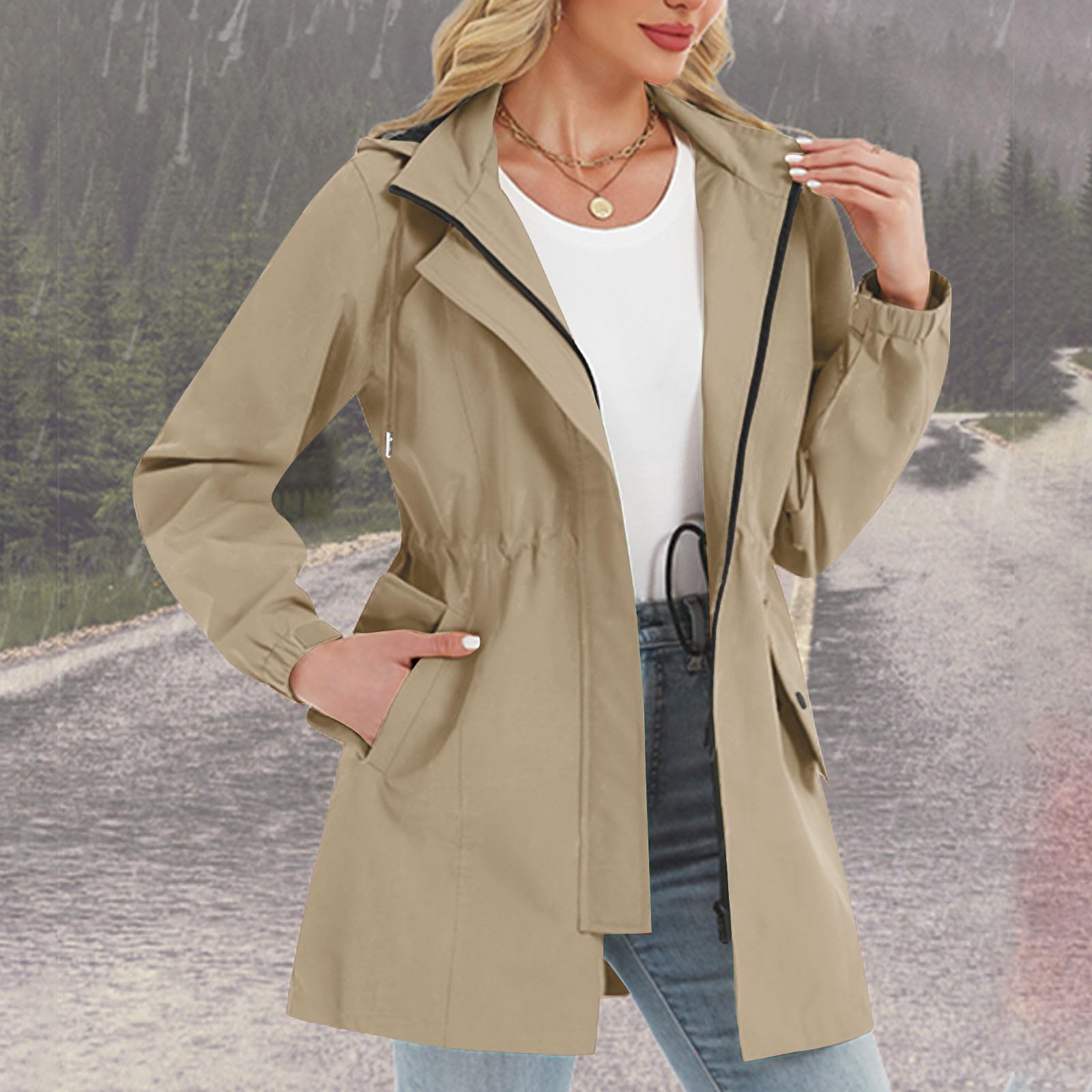 UHouse Regenjacke Damen Wasserdicht Atmungsaktiv Windjacke mit Kapuze Outdoor Windbreaker 3 In 1 Jacke Stehkragen Wanderjacke Leichte Fahrradjacke Freizeit Übergangsjacke Regenmantel