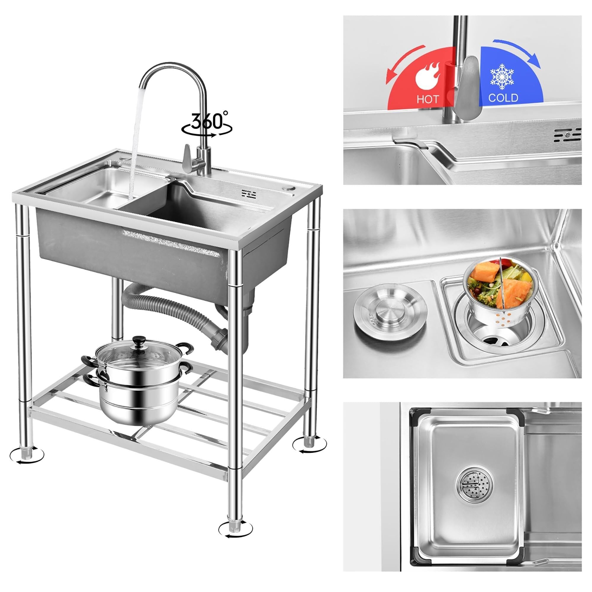 SDdPulse Fregadero independiente de acero inoxidable con grifo de agua caliente y fría, ideal para cocina, garaje, lavandería y restaurante, plateado, 72 x 49 x 85 cm