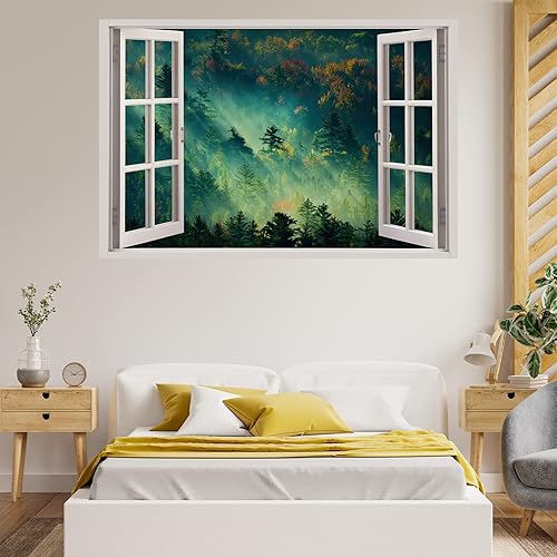 Miniatura 4 de Calcomanías de pared para ventana falsa de árboles del bosque ventana falsa verde paisaje de naturaleza calcomanías extraíbles de imitación para