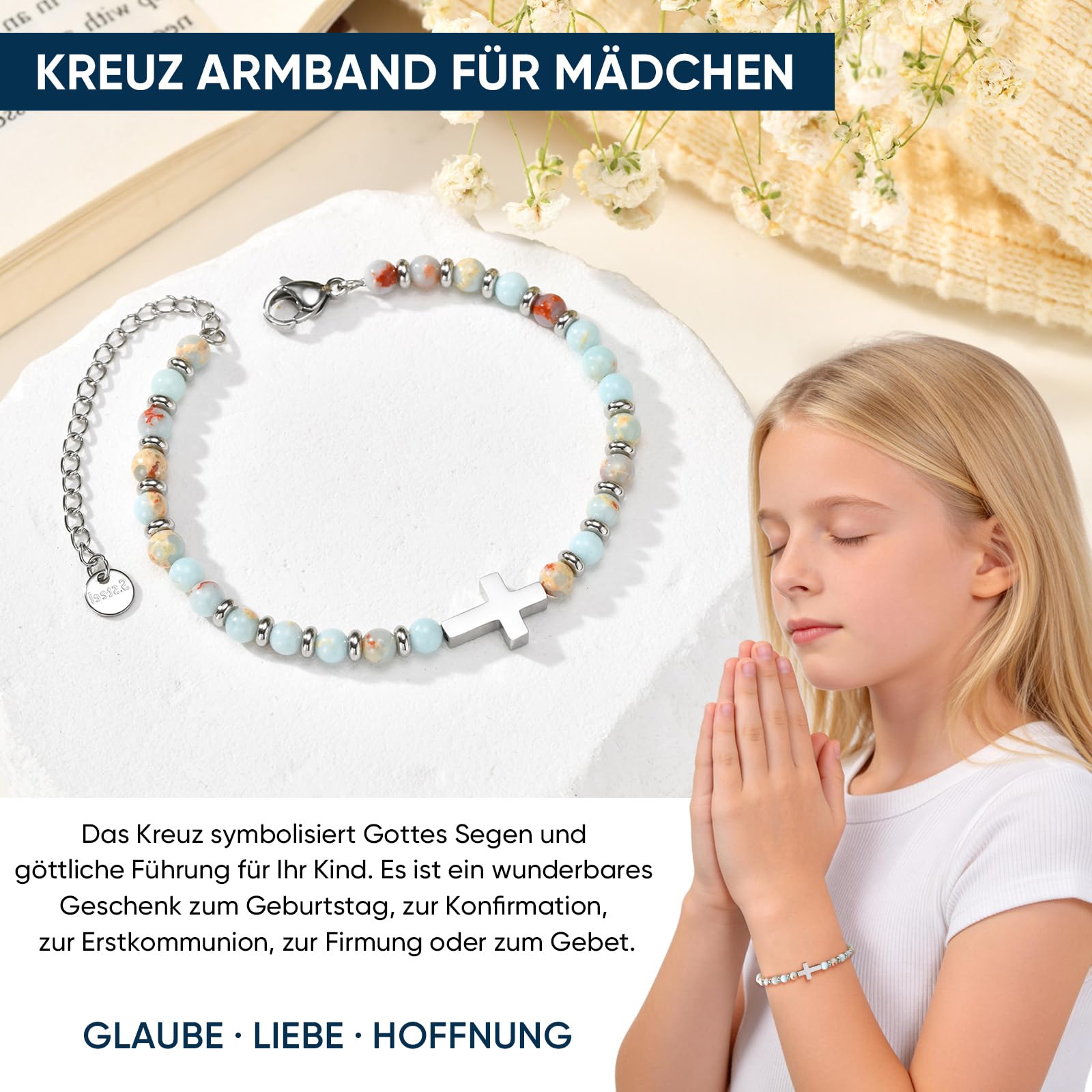 Kommunion Geschenke für Mädchen Kreuz Armband - Naturstein Armbänder mit Kreuz für Kinder Jugendlicher, Kinderarmband für Geburtstag Ostern Konfirmation Firmung Erstkommunion Geschenke für Mädchen - 3
