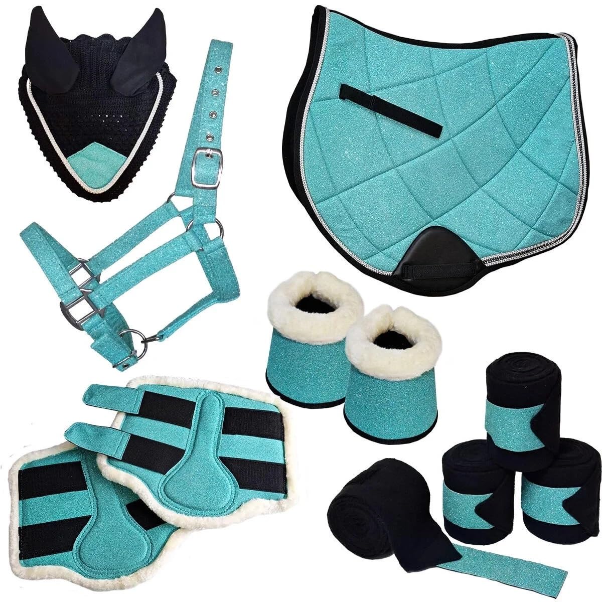 German Riding Kollektion Perfect Match Set bestehend aus: Schabracke, Halfter, Fliegenhaube, Gamaschen, Hufglocken, Bandagen Sey Green Shetty