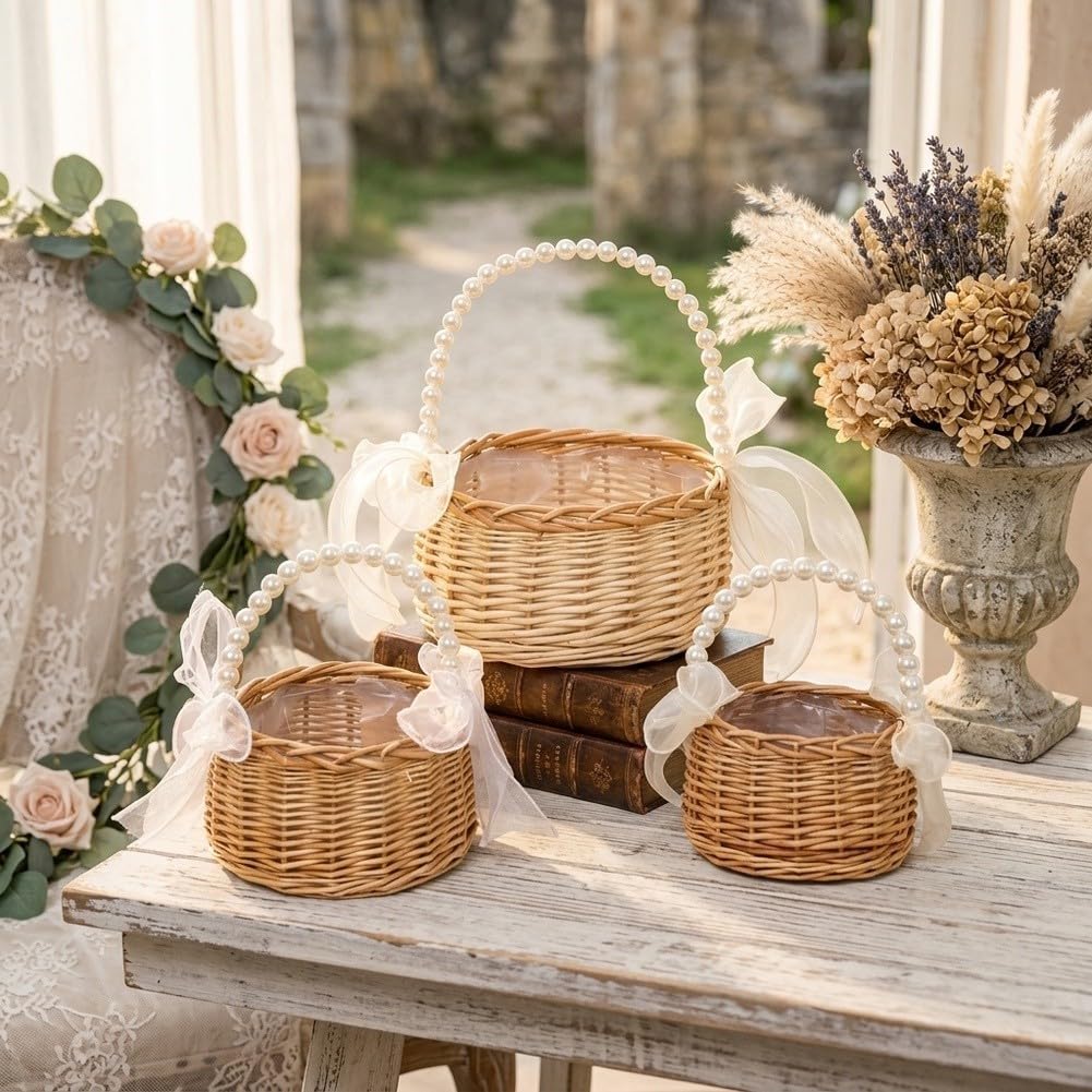 Cestini rustici fatti a mano in vimini per damigelle di fiori, in vimini ramoscello di salice, per matrimoni, corridoi per bambini, decorazioni per baby shower e feste in giardino, confezione da 2
