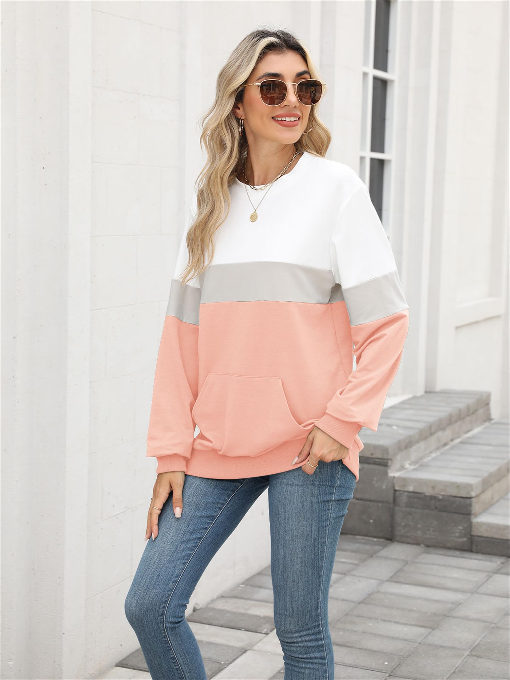 Bluza damska z długim rękawem, basic, okrągły dekolt, bez kaptura, bawełna, casualowa, z kieszeniami, luźna, oversize, jednokolorowa, na jesień, zimę, sport, streetwear, S-XXL