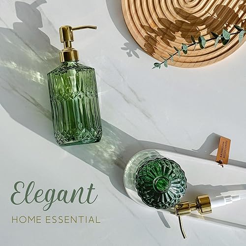 Miniatura 5 de JASAI Dispensador de jabón de vidrio verde de 18 onzas con bomba dorada a prueba de óxido, dispensador de jabón de cocina recargable para jabón de