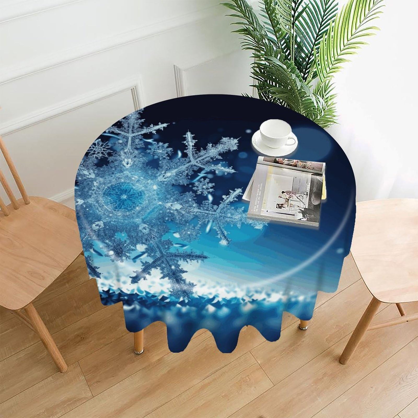 FekiLoot Blue Christmas Snowflake Round Tablecloth Cover 60 Inch Wrinkle Free Washable Polyester Fabric Table Cover Decorative Round Table Cloth for Home Dining Kitchen Party Farmhouse