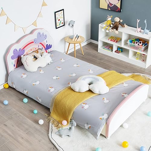 Miniatura 102 de Costzon Base de cama individual para niños, plataforma de cama individual tapizada de madera con soporte de listones, cabecera y estribo acolchados