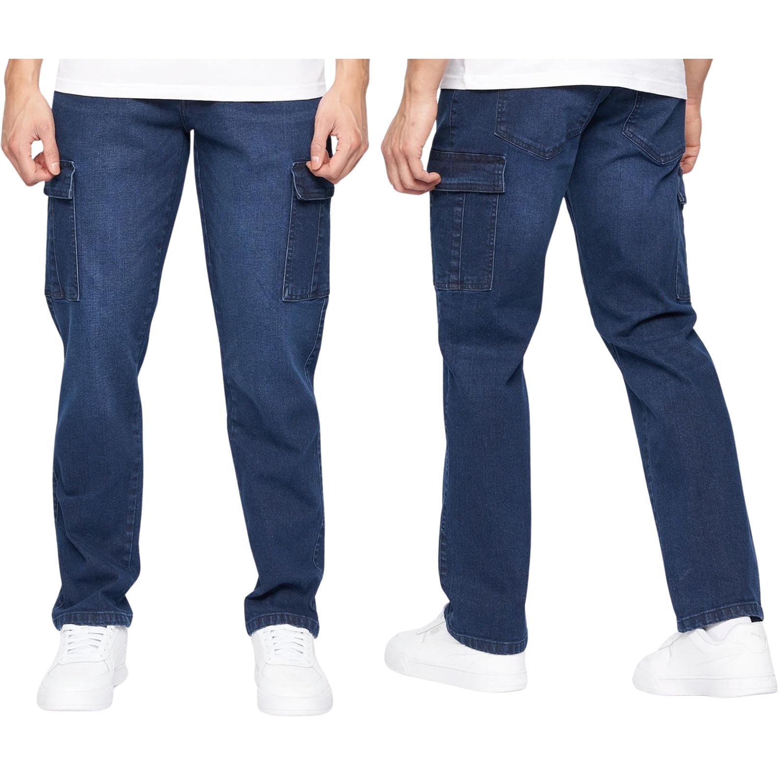 Crosshatch Men's Darkwash - Straight Cargo Stretch Denim Jeans Casual Work Heavy Duty Pants In Straight Leg Or Cuffed By Jeanbase 34W X 30L