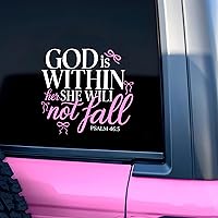 God is Within Her She Will Not Fall Car Decal with Pink Bows - Christian Vinyl Bumper Sticker, Waterproof 8 Inch Girly Affirmation for Women & Girls