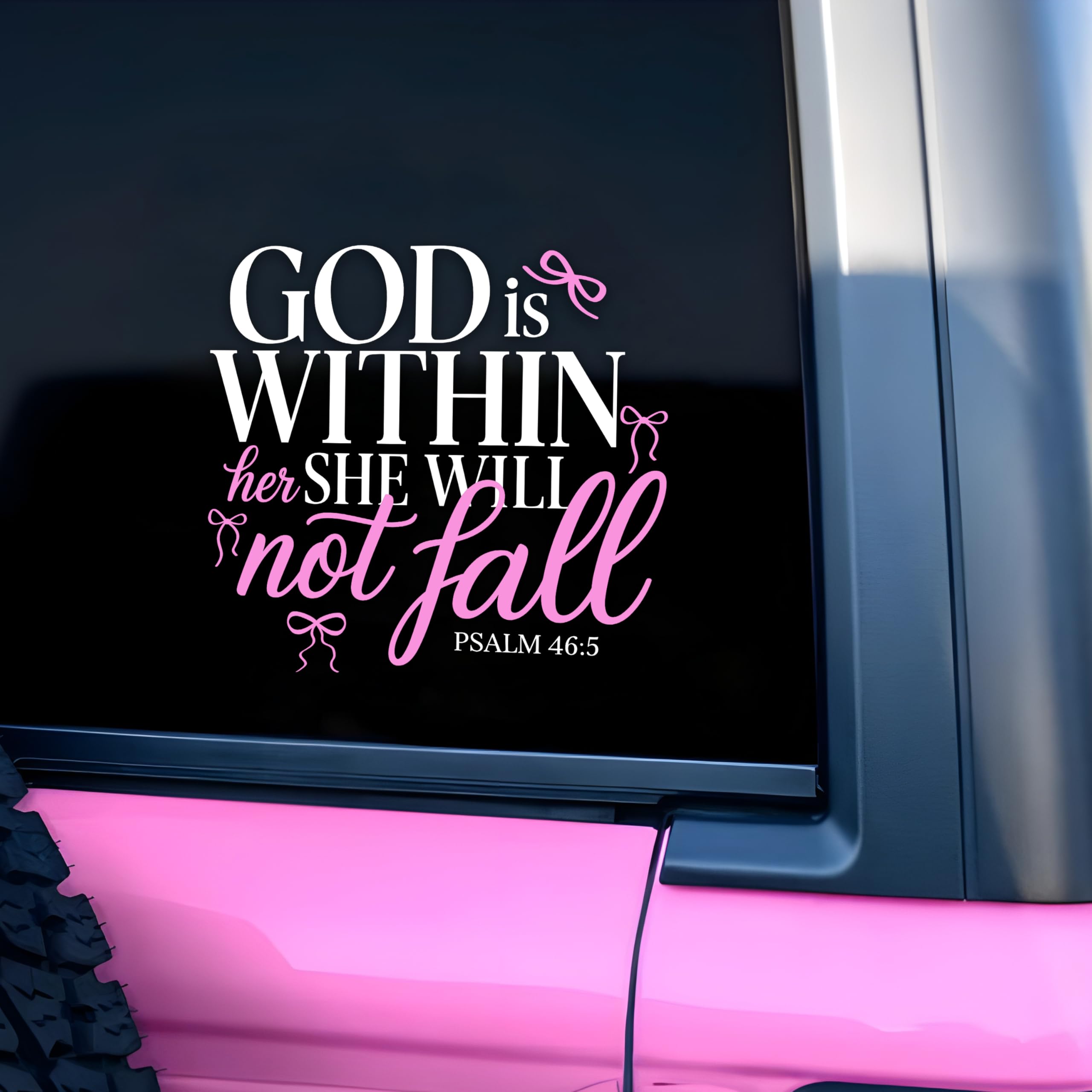 God is Within Her She Will Not Fall Car Decal Pink Bows, Christian, Girly Decal, Affirmations Bible Says, Vinyl Waterproof 8 Inches Bumper Decal Gifts for Women Girl Mom