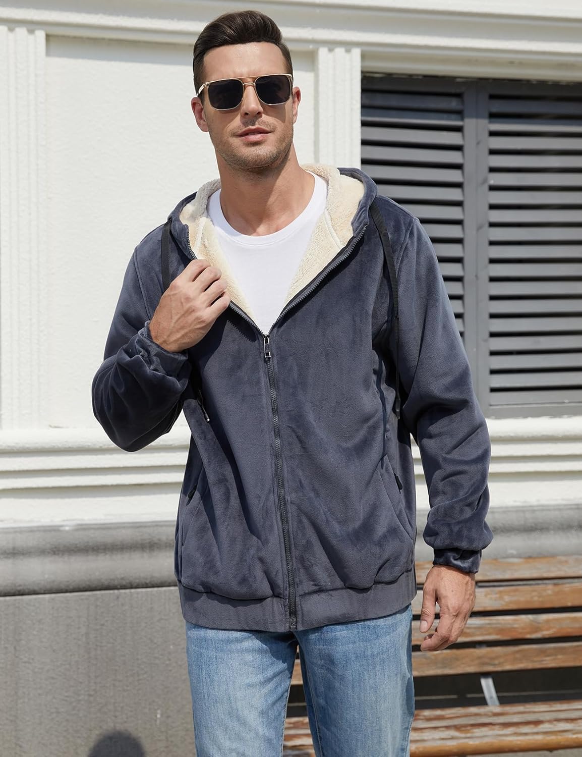 Gihuo Men's Winter Sherpa Lined Hoodie Zip Up Sweatshirt Warm Fleece Jacket(Grey-S) - Image 3