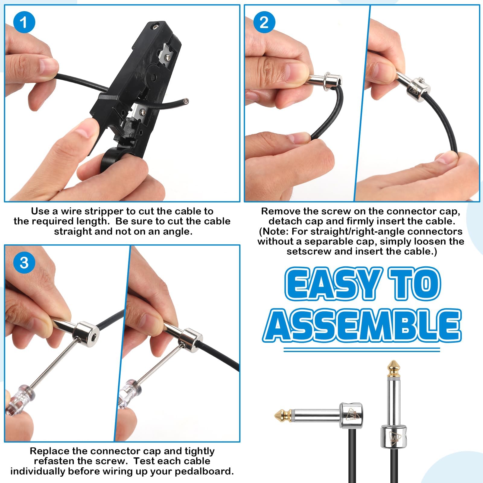 Lötfreies Pedalboard-Kabel-Set, 3 m Kabel und 10 vergoldete Steckverbinder für Gitarreneffekte und Pedalplatine, DIY-Patchkabel mit Cutter, Bolzentreiber