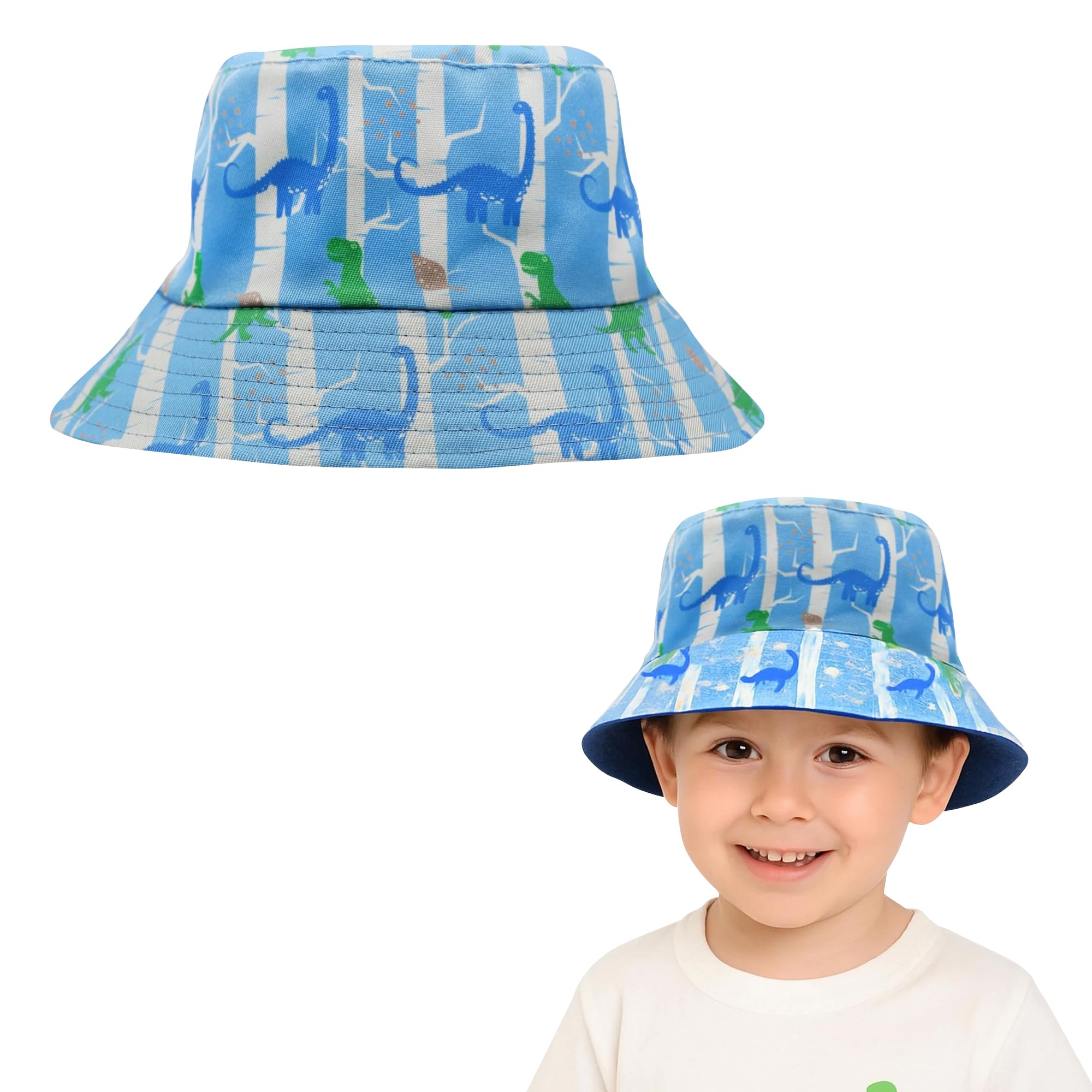 Prohike Unisex Kids Blue Kids Dinosaur Reversible Bucket Hat (Ages 3–7 Years) – 2-In-1 Summer Hat For Boys | Summer Foldable Sun Hat Uv Protection Wide Brim Beach Holiday Cap For Outdoor