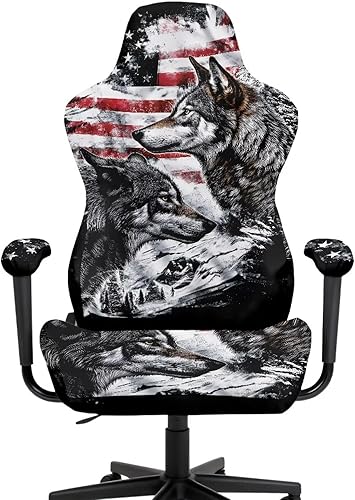 Miniatura 2 de Fundas patrióticas de silla de juegos para adultos, sillas de videojuegos de lobo con fundas para reposabrazos, funda de asiento de oficina, a