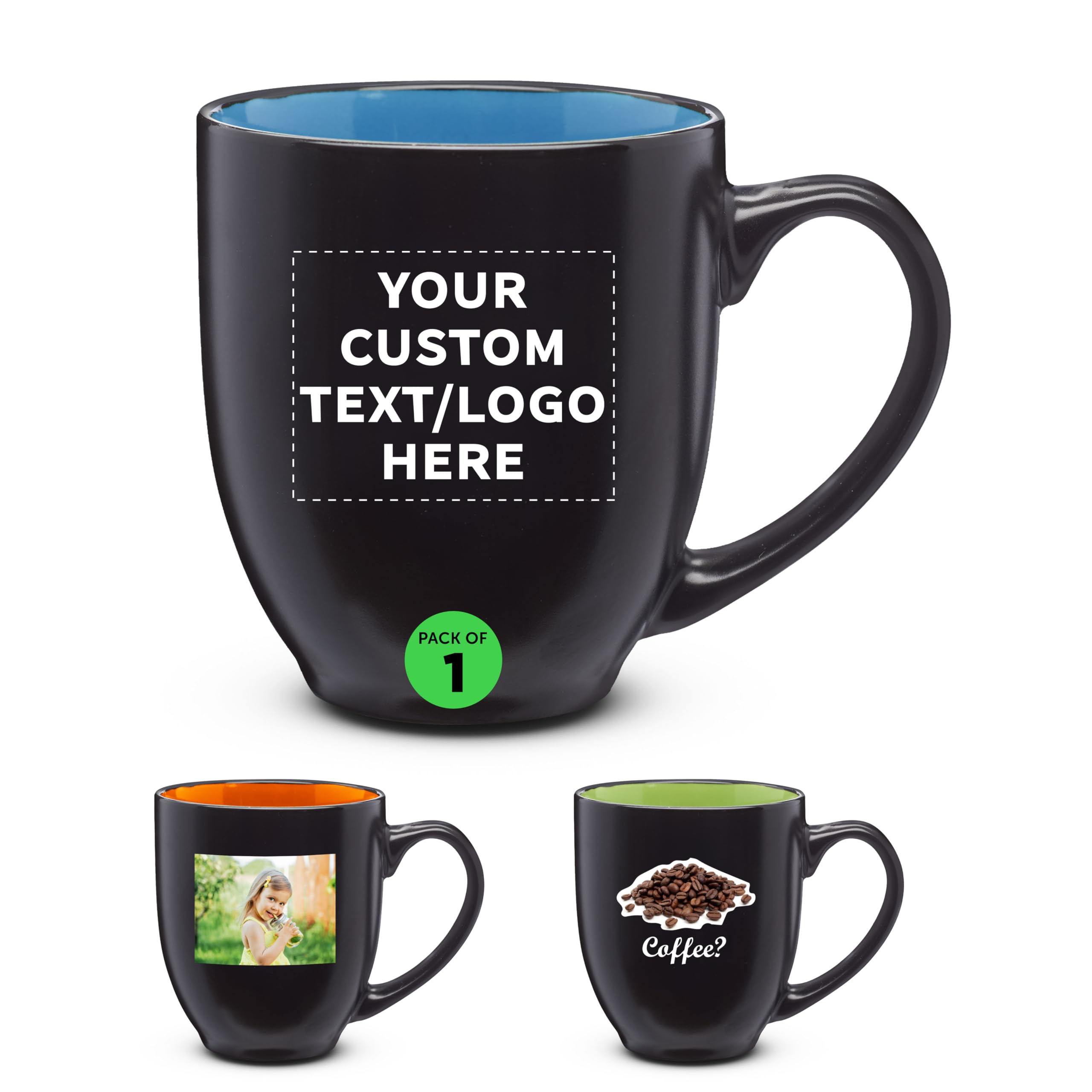 Custom Bistro Coffee Mugs 16 oz. Set of 1, Personalized Bulk Pack - Great for Coffee, Tea, Cocoa, Diner and Everyday Use - Blue