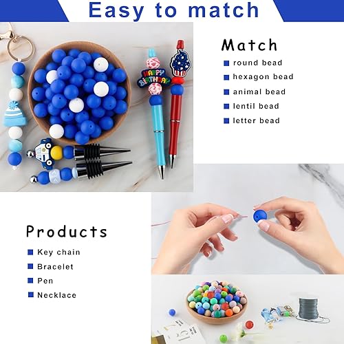 Miniatura 5 de Sunrony 70 cuentas de silicona para hacer collares, cuentas redondas de silicona a granel de 0.59 pulgadas para bolígrafos (azul oscuro)