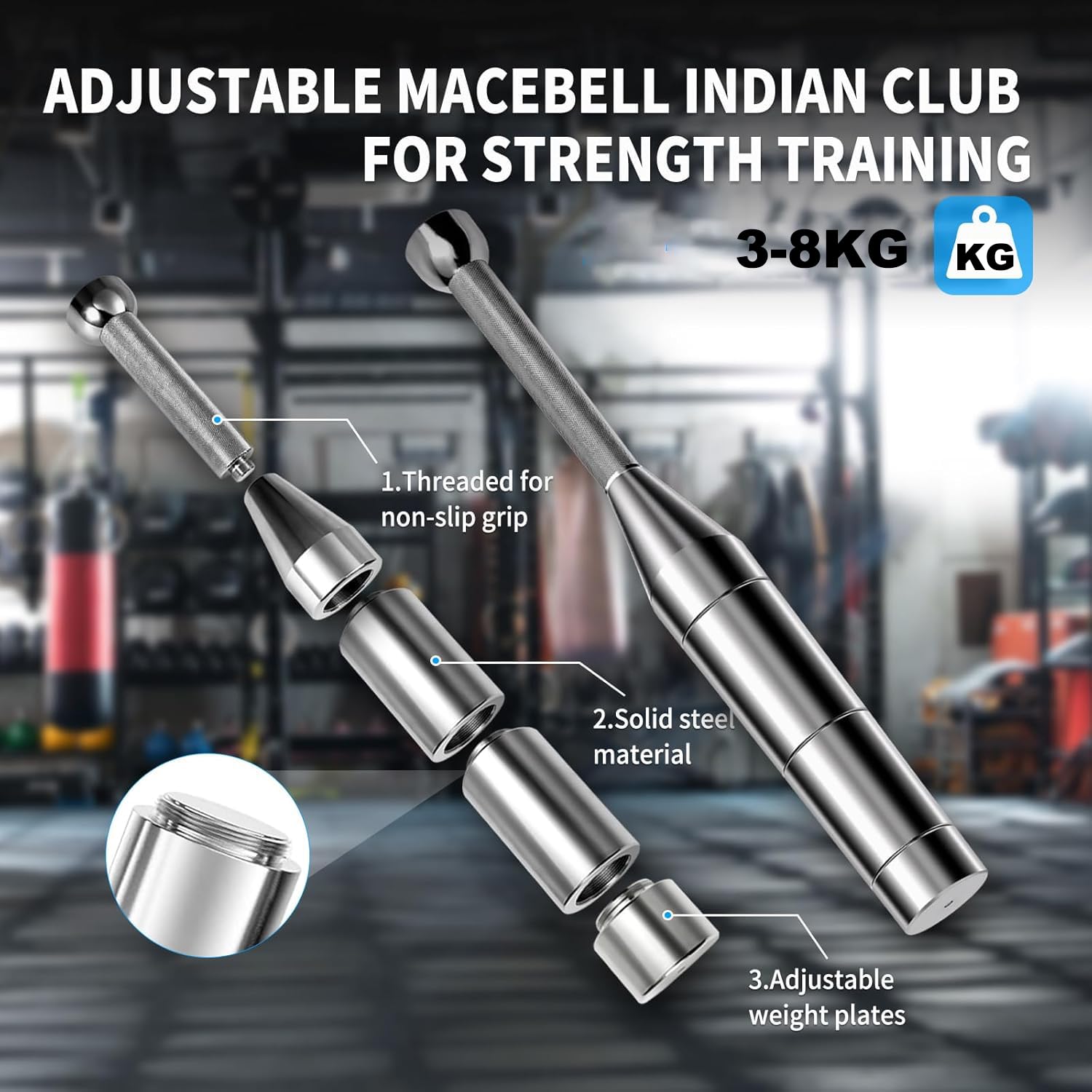 Macebell ajustable 6 en 1, Maza Clubbell de acero, para entrenamiento de fuerza (3/4/5/6/7/8 kg),hombros, agarre y antebrazos