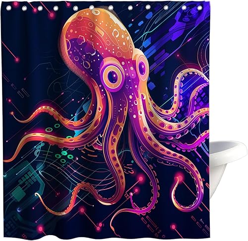 Vista 17 de Juego de cortinas de ducha náuticas de tela, diseño de pulpo, monstruo, velero, decoración de baño con ganchos, impermeable, lavable, 72 x 72