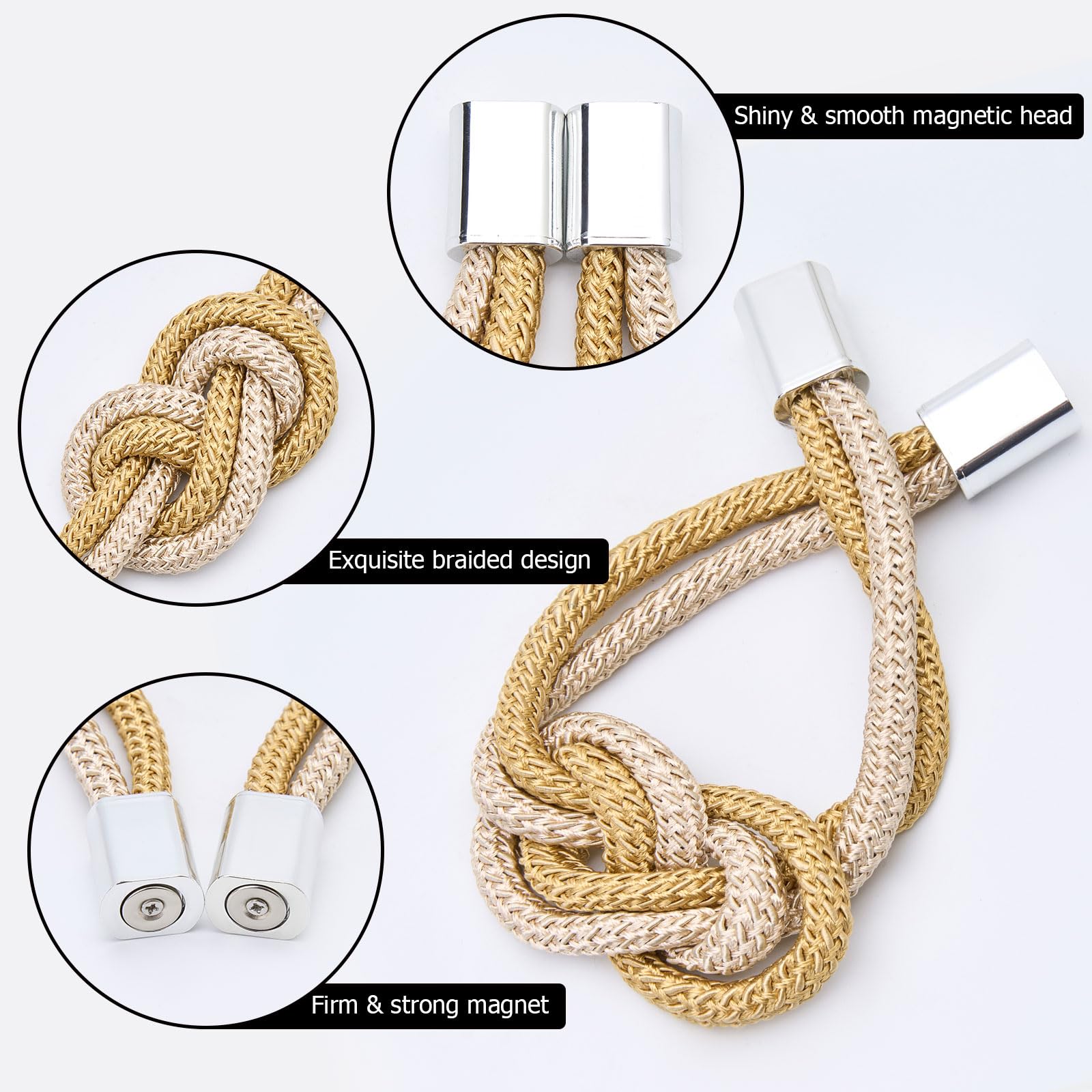 Pretty Jolly 4 Pack Mini Magnetic Curtain Tiebacks Nordic Simple Style Drape Tie Backs Elegant Hand Weave Rope Knot Decorative Curtain Holdbacks for Home & Office Window Drapery (Gold & Beige) - Image 3
