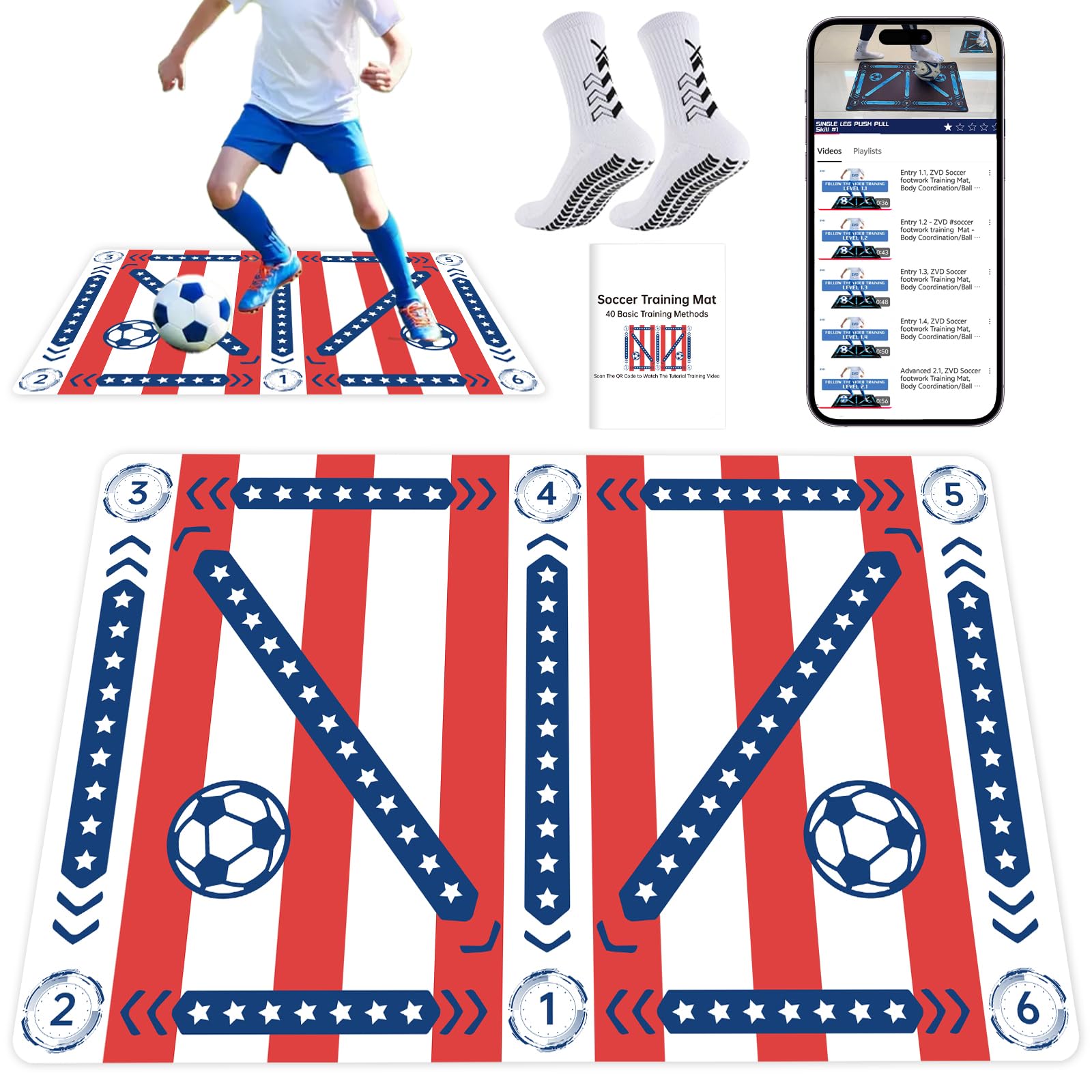 Soccer Training Mat with Video, Soccer Training Equipment Includes Premium Anti-Slip Soccer Socks Improve Coordination and Agility,Football Footwork Training Mat,Attached Action Tutorial Included