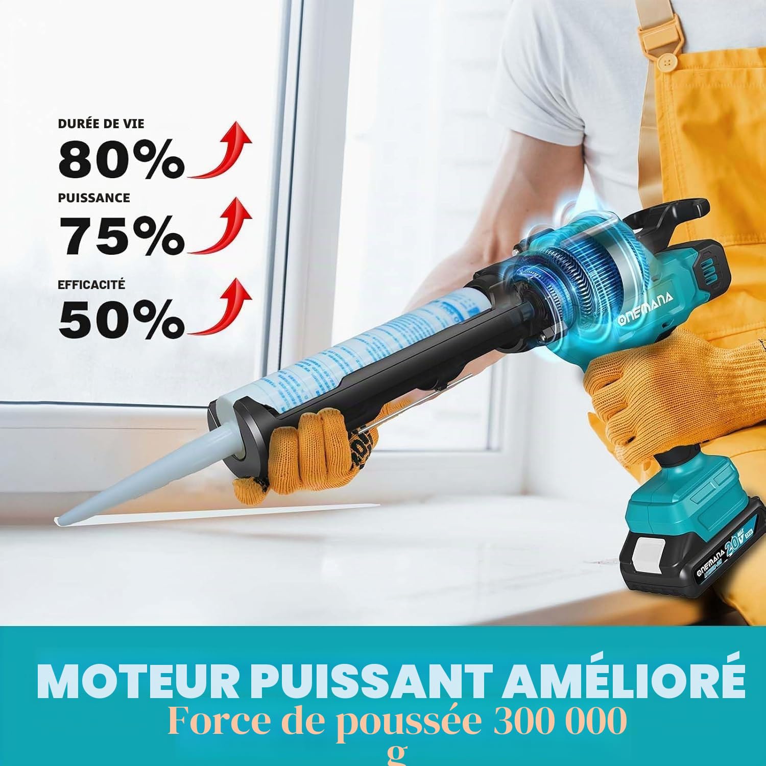 Pistolet à cartouche électrique sans fil, 300 ml, 6 vitesses réglables, 1 batterie 2,0 Ah et chargeur, idéal pour l'étanchéité