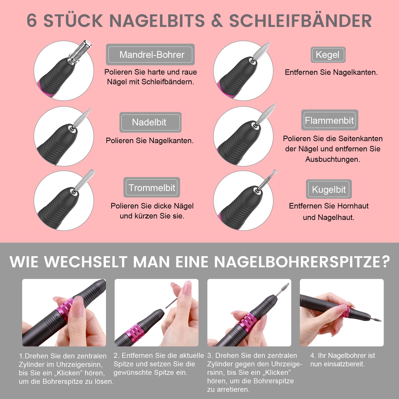 Delanie Nagelfräser 35000 U/Min für Gelnägel Polygel, 6 in 1 Leise Elektrische Nagelfeile Maniküre Pediküreset mit Nagelfräser Aufsätze, Nägel selber machen Entferner für Acrylgel Nagelpflege -Grau