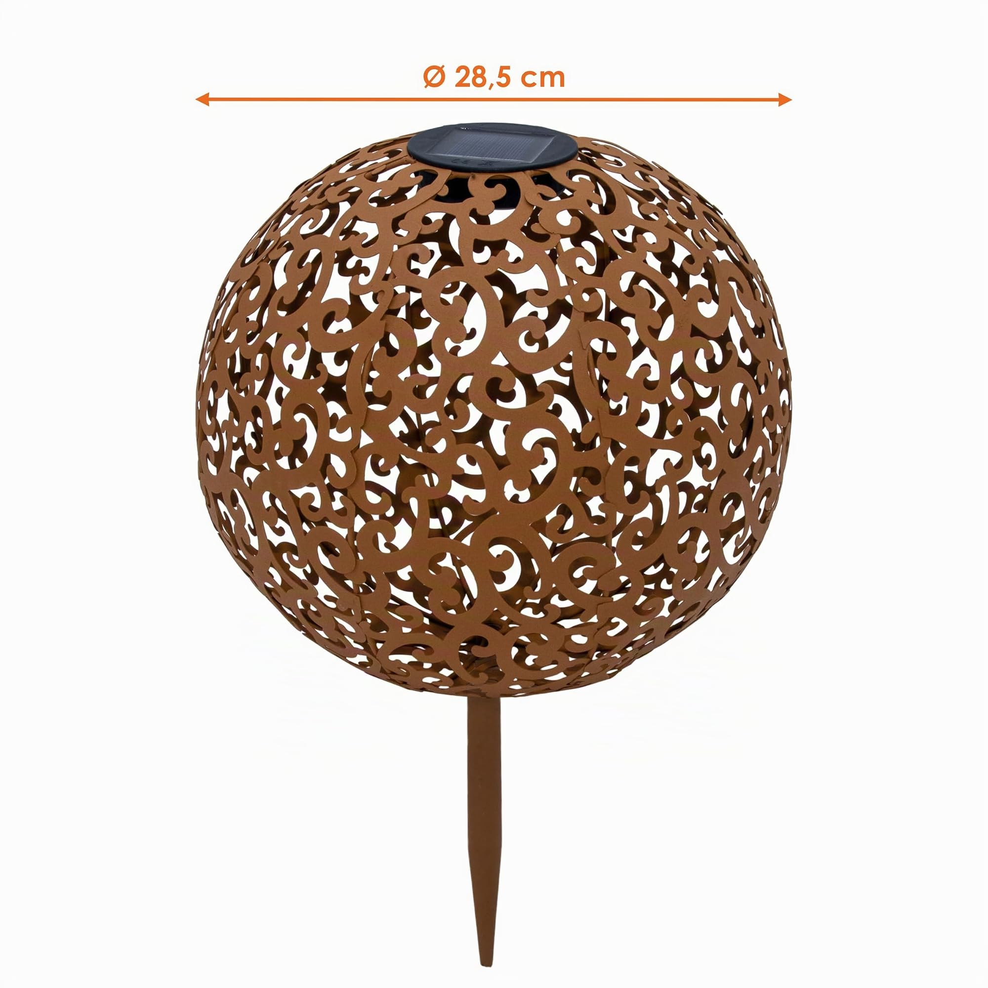 Boule décorative en métal - 28,5 cm - Solaire/lumineuse - Boule solaire blanc chaud aspect rouille
