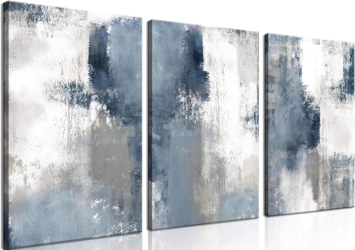 Blue And White Abstract Canvas Wall Art Set of 3, Navy Hand Graffiti Posters Prints, Minimalist Neutral Blue Printing for Living Room Bedroom Bathroom Office Decor 12x16 inch Framed