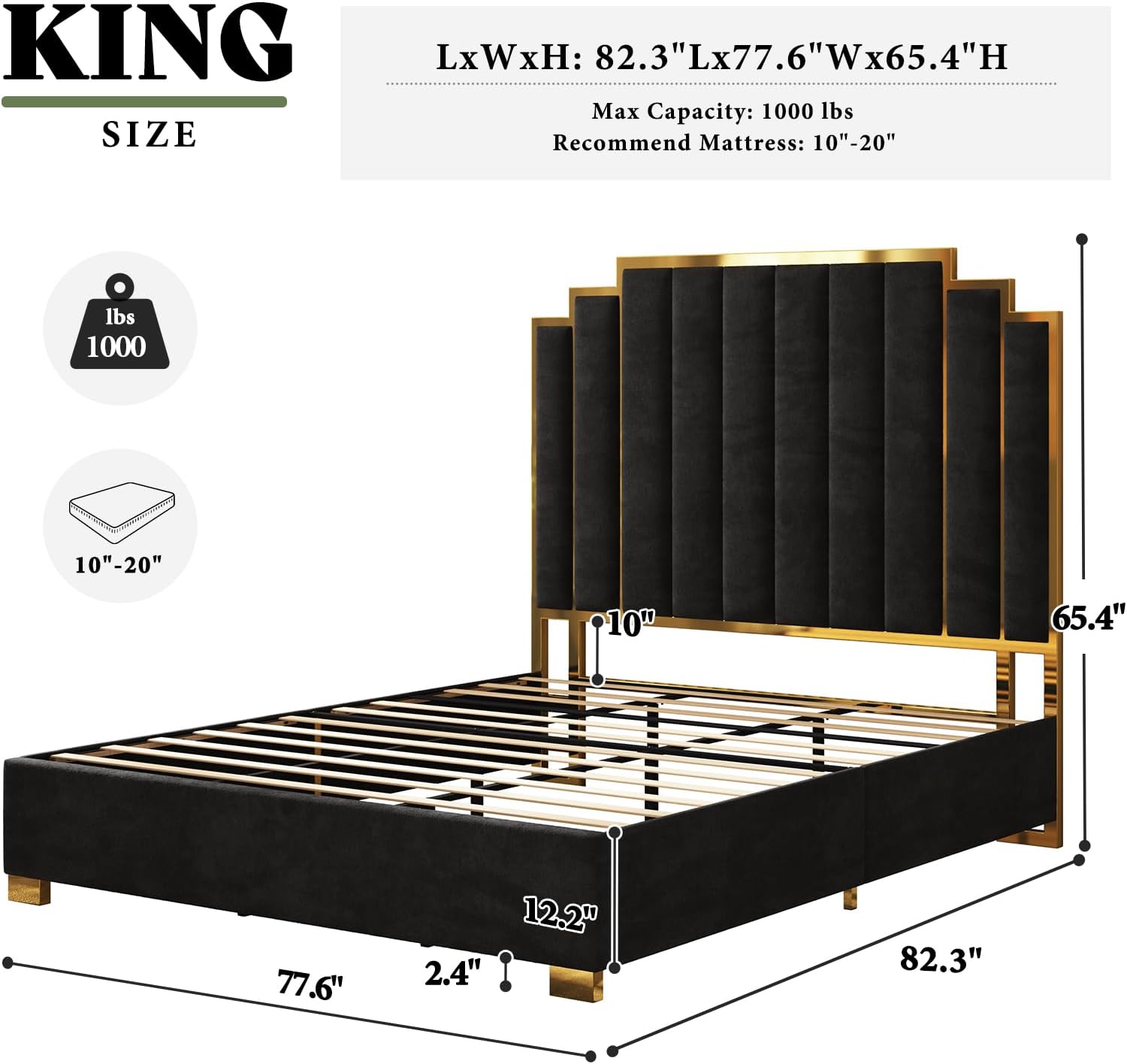 AMERLIFE King Size Upholstered Bed, Modern Velvet Bed Frame with 65.4” Tall Gold Trim Headboard, No Box Spring Needed, Black