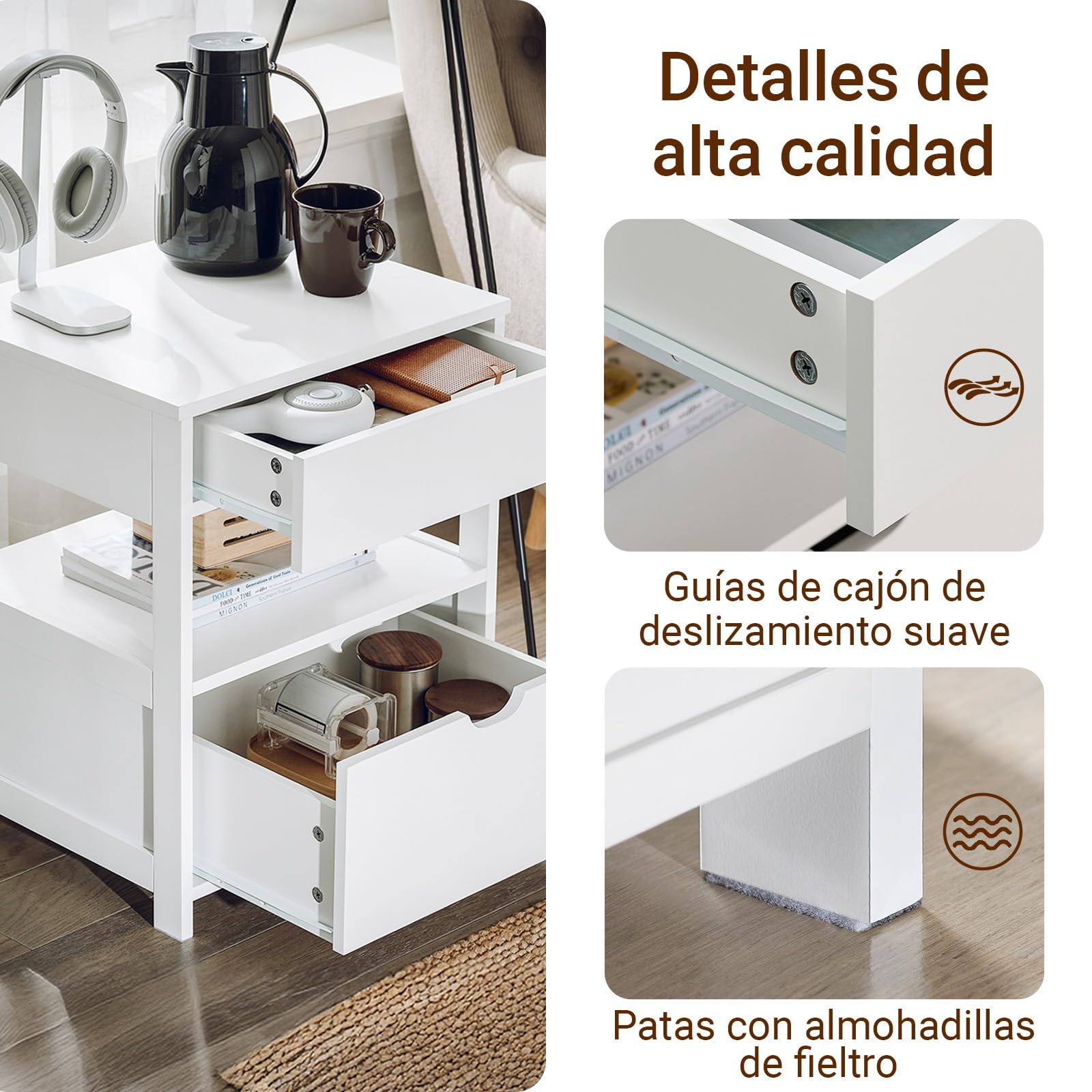 SoBuy Mesita de Noche con 2 cajones y Estante, Mesa Auxiliar, Moderno Mesa de Noche Dormitorio, 45 x 38 x 55 cm, Blanco, FRG258-II-W