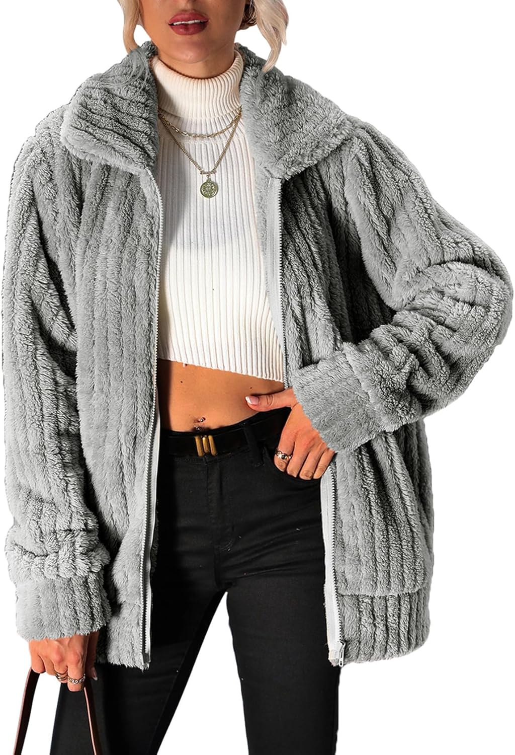 Women's Fleece Jacket Women Full Zip Long Sleeve Lapel Collar Sherpa Coat Outerwear with Pockets (S-5XL)