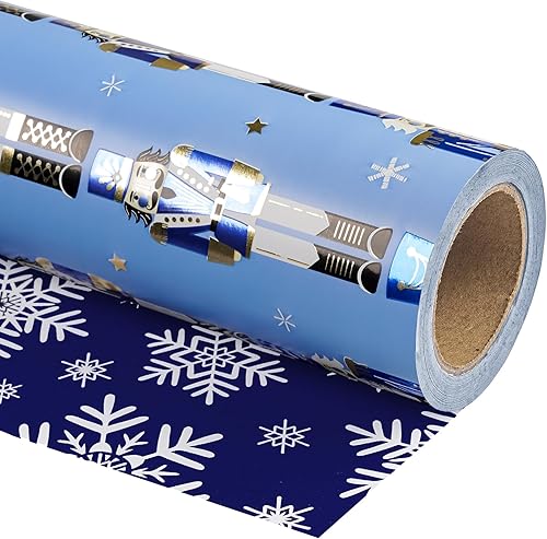 Vista 44 de WRAPAHOLIC Papel de regalo reversible de Navidad, mini rollo, 17 pulgadas x 33 pies, diseño de gnomo azul morado y cuadros con brillo metálico