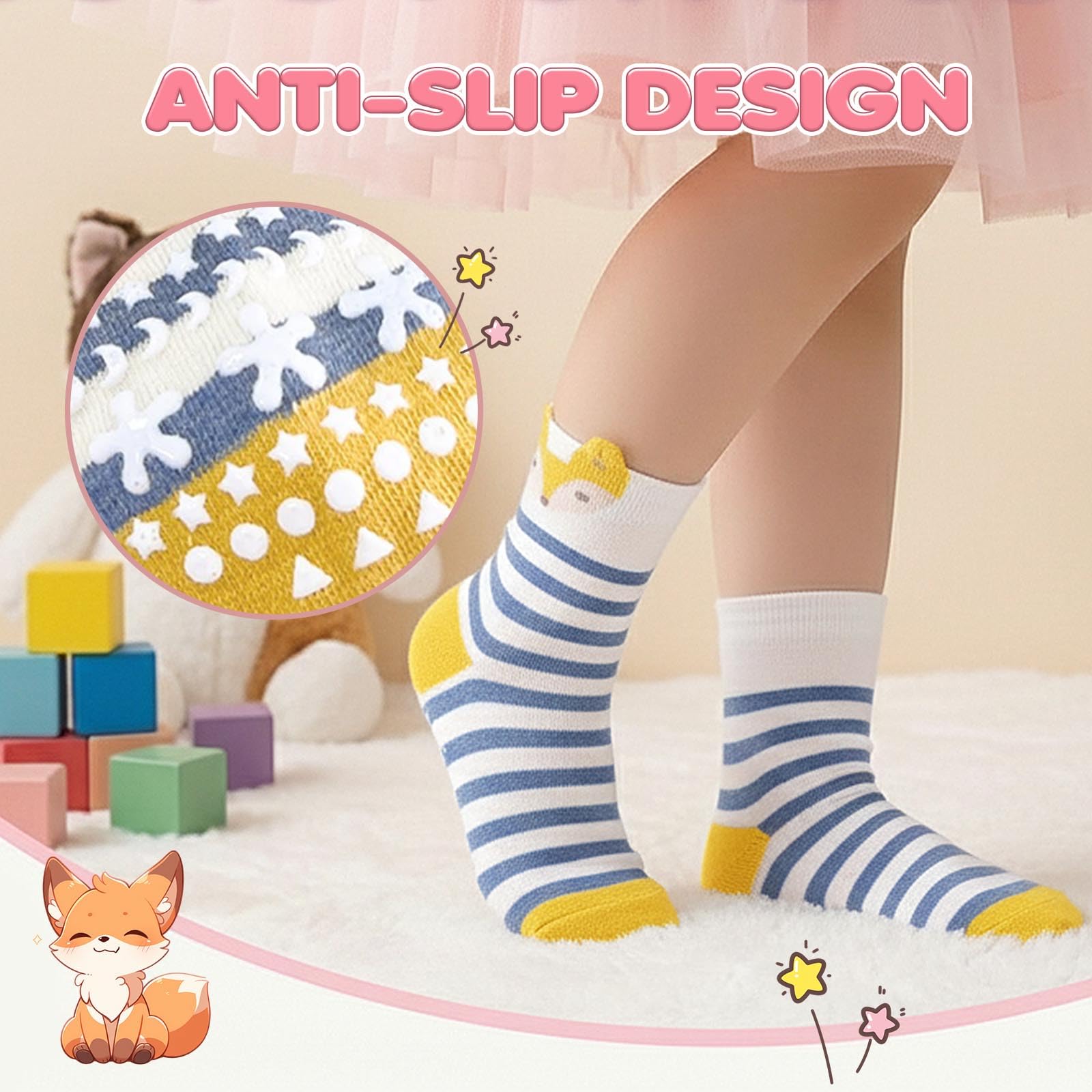 Hellomamma Calcetines antideslizantes de algodón para niños pequeños, calcetines de animales lindos con agarres antideslizantes para niños y niñas