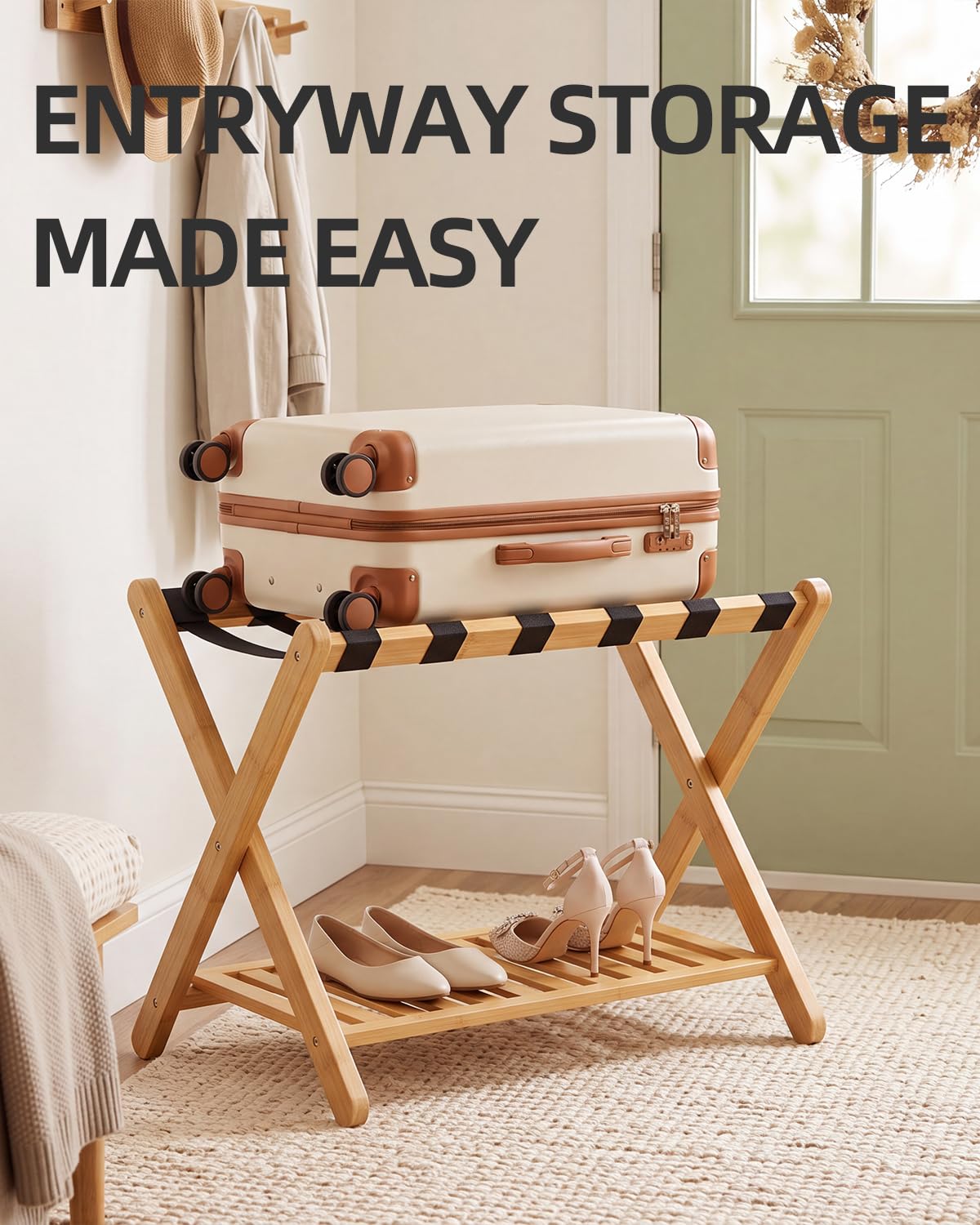 SMIBUY Porte-bagages, support de valise pliable en bambou avec étagère de rangement pour chambre d’amis, chambre, hôtel, robuste (naturel et noir)