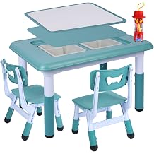 RedSwing Kids Table and 2 Chairs Set, Height Adjustable 3 in 1 Multi Activity Table with 2 Chairs, Storage Bins,Graffiti,Double-Sided Tabletop,Sky Blue