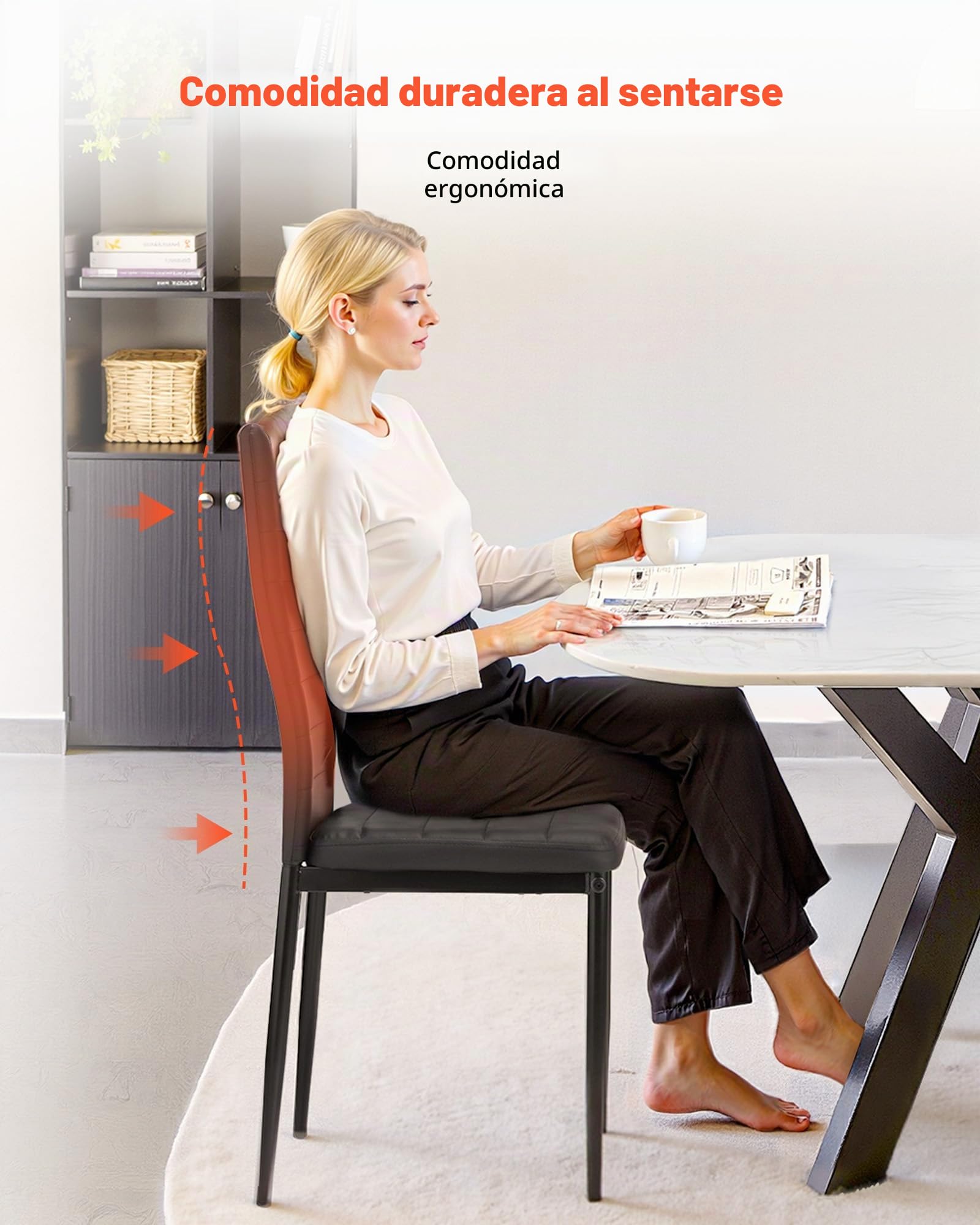 VEVOR Juego de 6 Sillas de Comedor de Estilo Moderno, Tapizadas en Cuero, para Mesa de Comedor, Ahorra Espacio, con Cojines Gruesos y Patas Metal, Acentos, Negro, 465 x 405 x 970 mm, Carga 136 kg