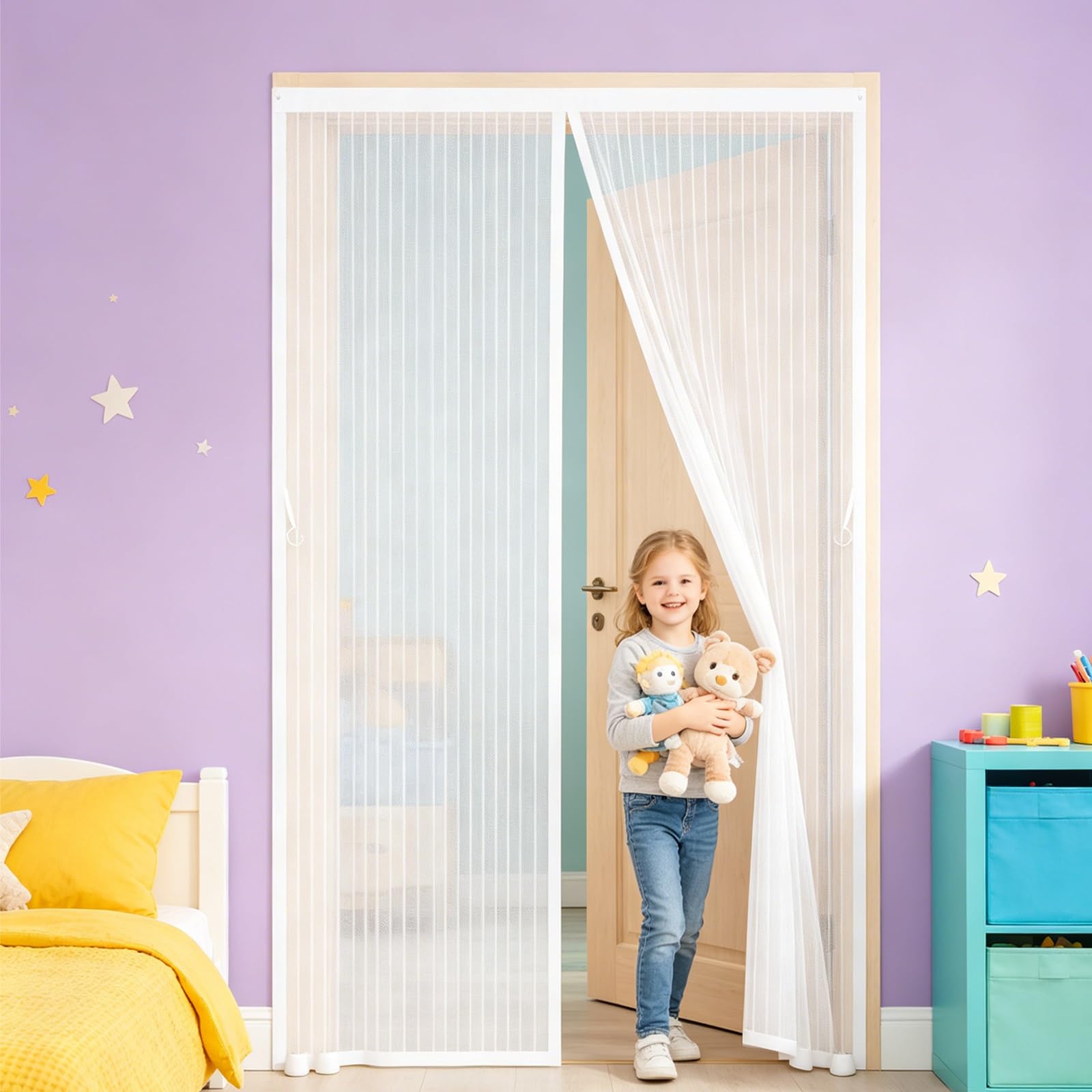 Fly Screens Doors 146 x 210 cm Curtain, Heavy Duty Self-Sealing Mesh, Door Screen Automatically Closes Magnetic Door Curtains Fly Screen for Living Room Kitchen Patio, White