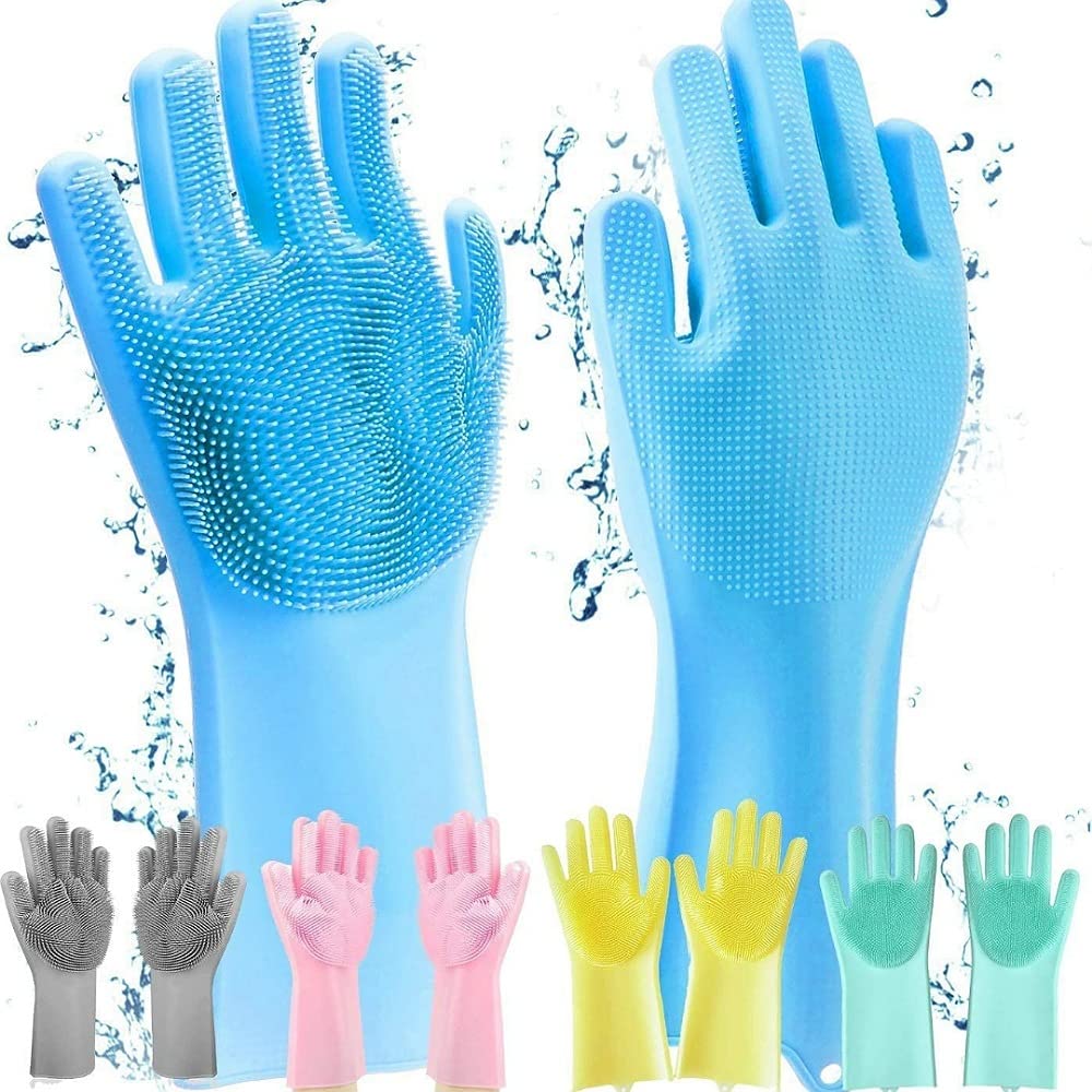Home Magic Silicone Dish Washing Gloves for Kitchen Dishwashing and Pet Grooming, Great for Washing Dish, Car, Bathroom (Multicolor)