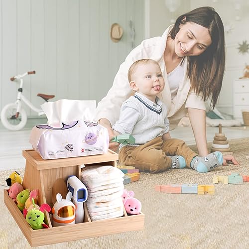 Miniatura 5 de Organizador de pañales de madera para bebé, 360 grados giratorio de bambú con divisiones extraíbles, organizador de pañales para guardería