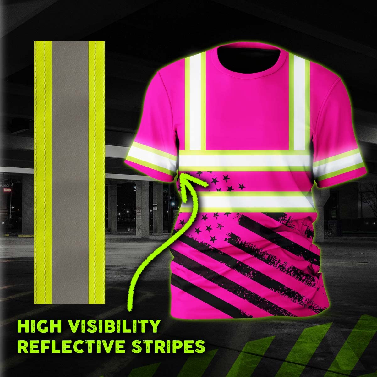 HiVis Custom Color US Flag High Visibility Shirt Men Women Pink Neon USA Flag Custom Name Reflective Safety Workwear Runners Patriotic