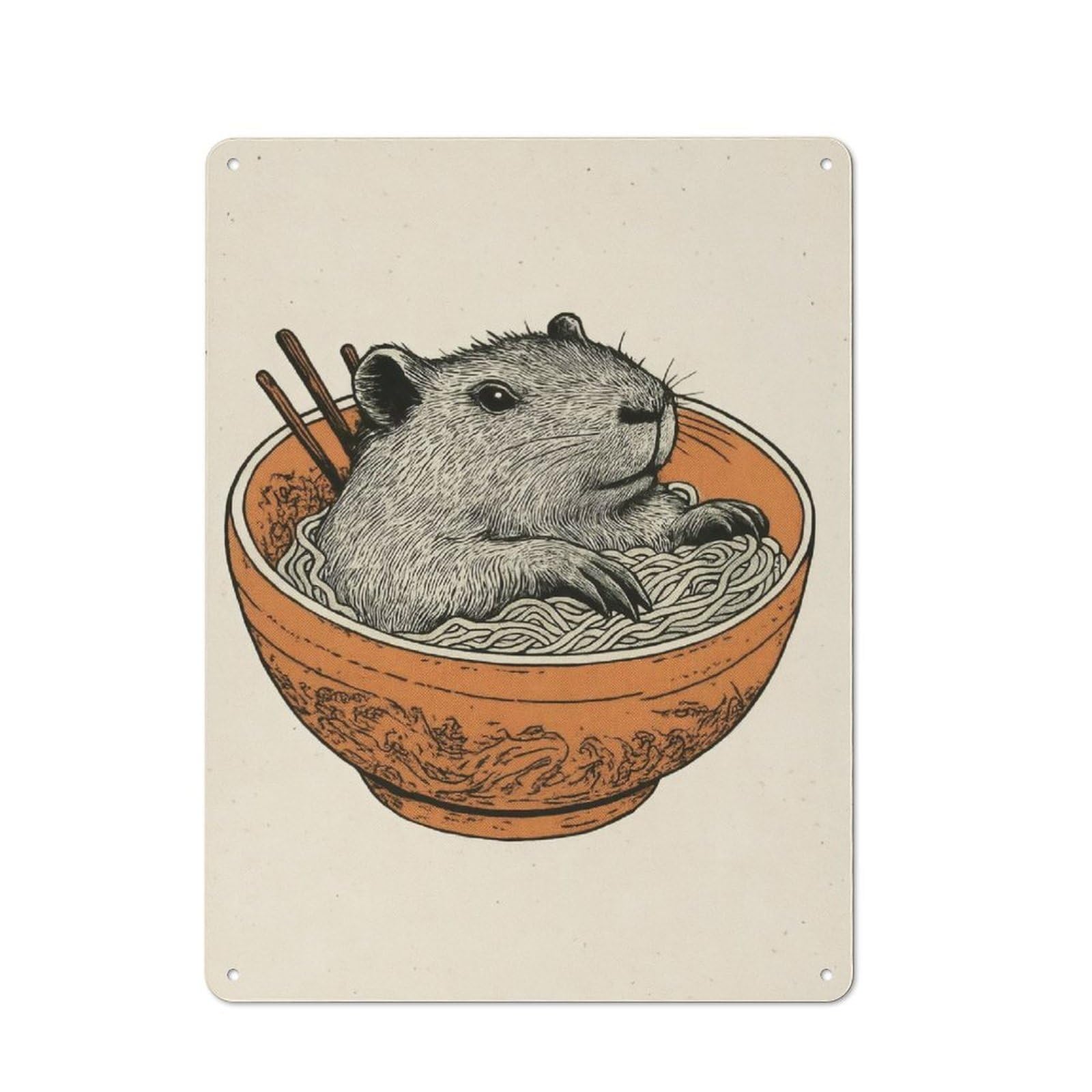 Classic Capybara in Ramen Bowl Illustration Metal Wall Art Sign 40x30cm, Vintage Wall Decor for Lounge, Study, Pub Or Wall Gallery